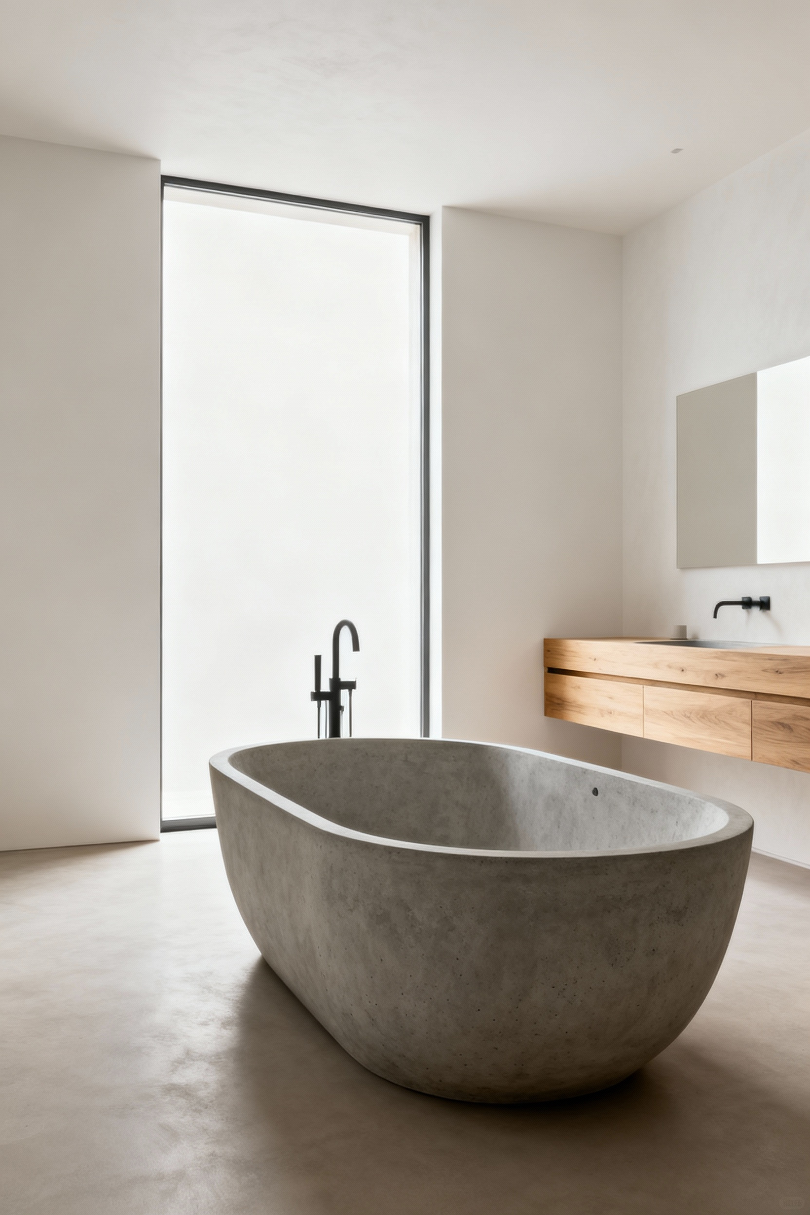 Luxurious bathroom with a perfectly proportioned concrete bathtub and elegant oak vanities, showcasing harmonious design and strategic fixture selection for a serene aesthetic.