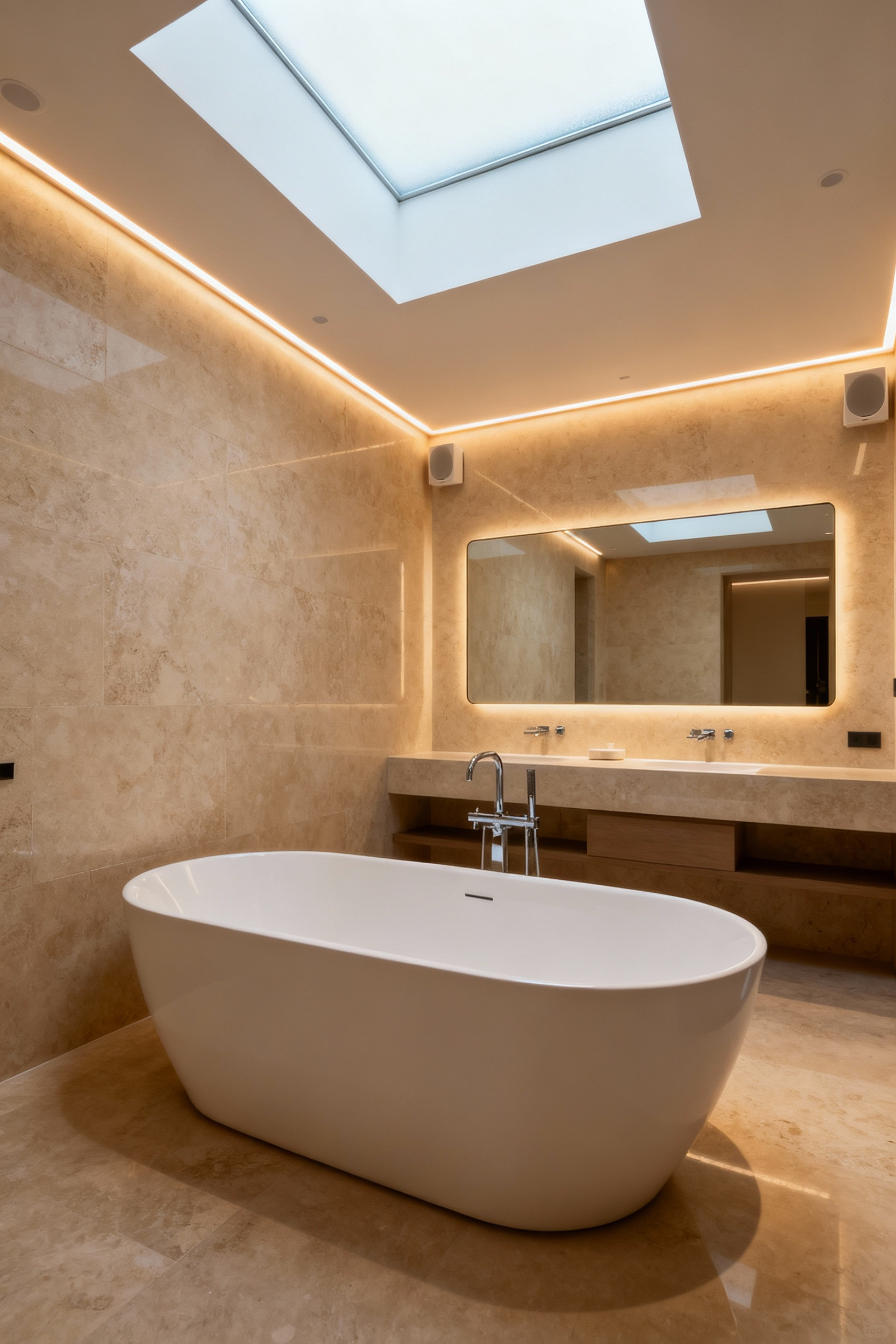 Luxurious minimalist bathroom with concealed high-fidelity audio system, showcasing polished stone, a freestanding bathtub, and elegant integrated lighting for an immersive sensory experience.