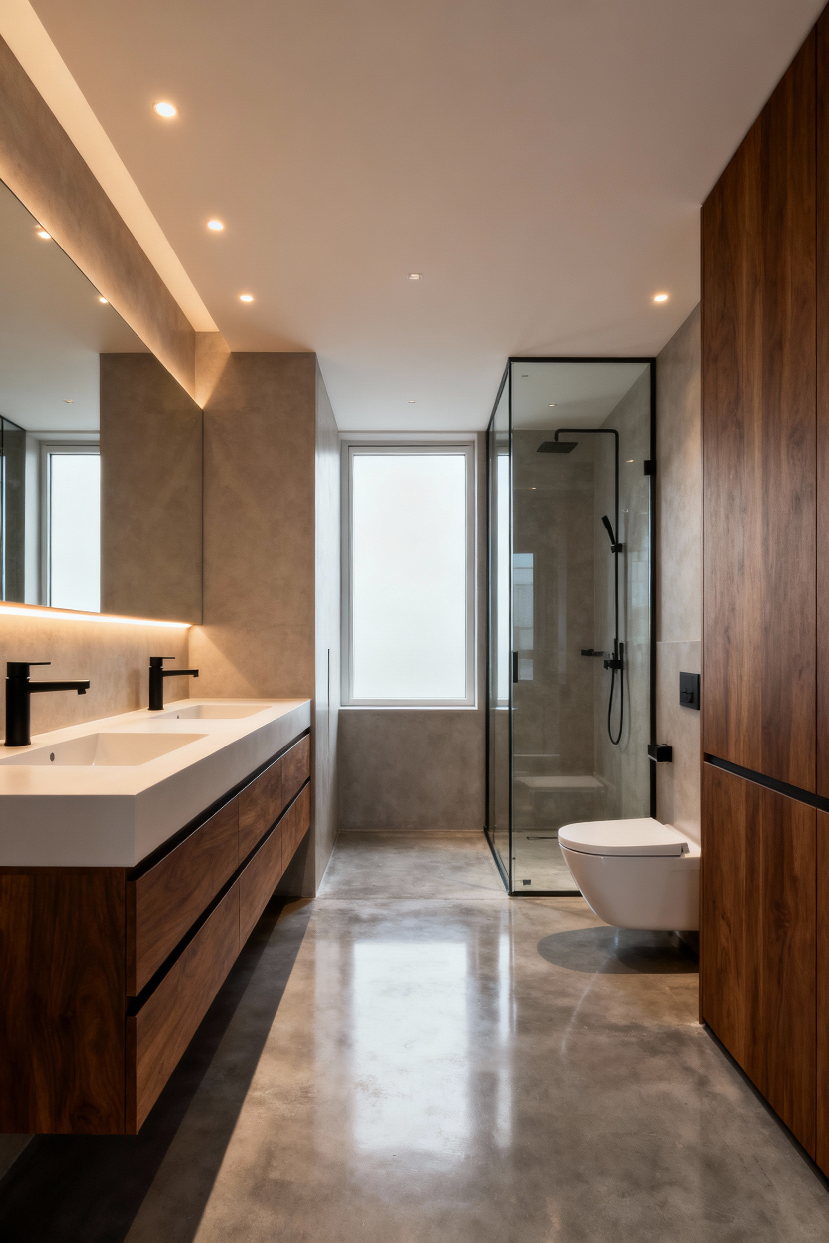 Luxury bathroom interior showcasing intelligent layout configuration with clear pathways, floating vanity, walk-in shower, and ample space, designed for optimal flow and ergonomics.
