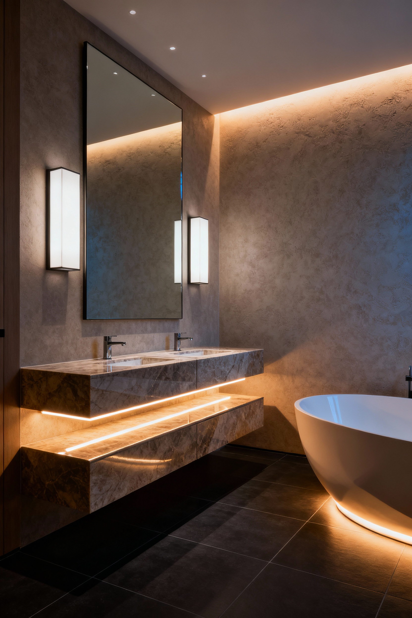 A luxurious modern bathroom featuring sophisticated multi-layered dimmable lighting, including LED strips under the vanity, soft cove lighting, and elegant sconces, creating a serene and adaptable ambiance.
