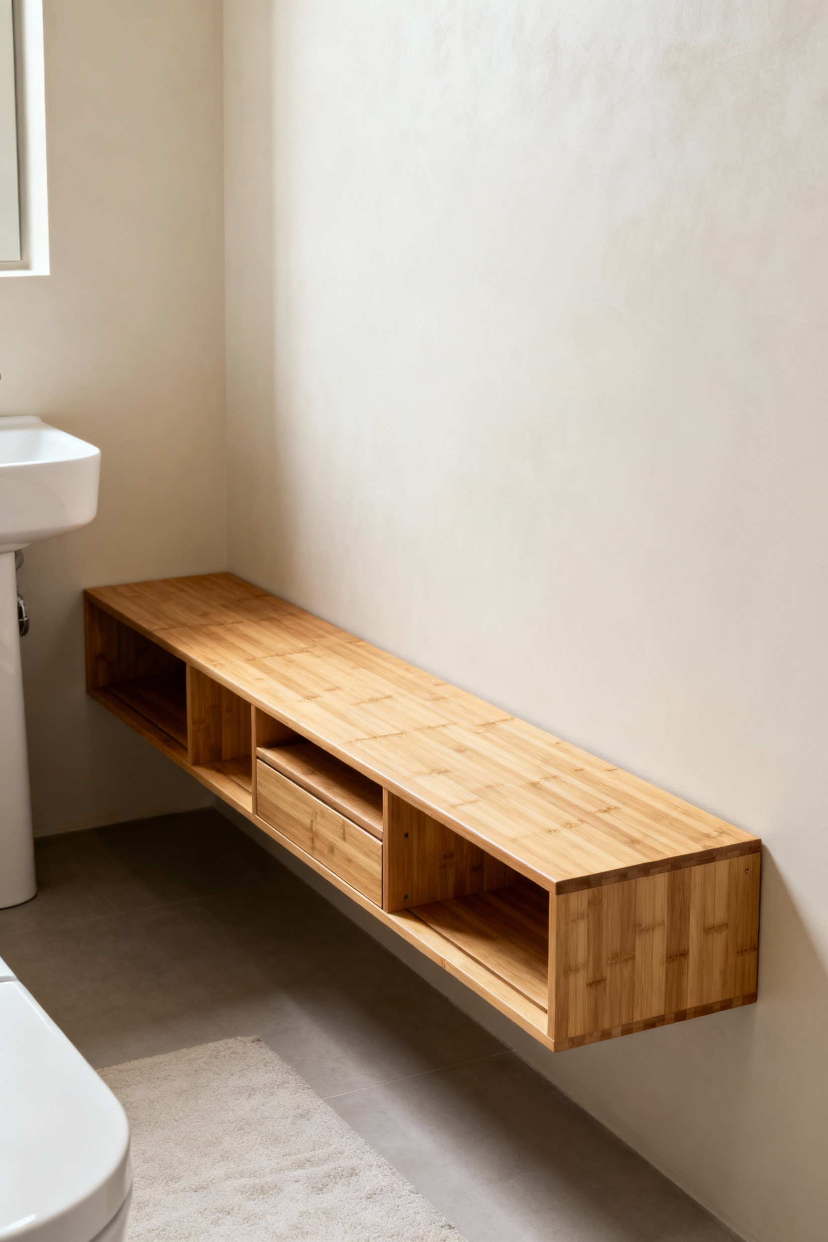 An organized small bathroom featuring a stylish wooden storage bench used for both seating and hidden storage, reflecting a minimalist design.