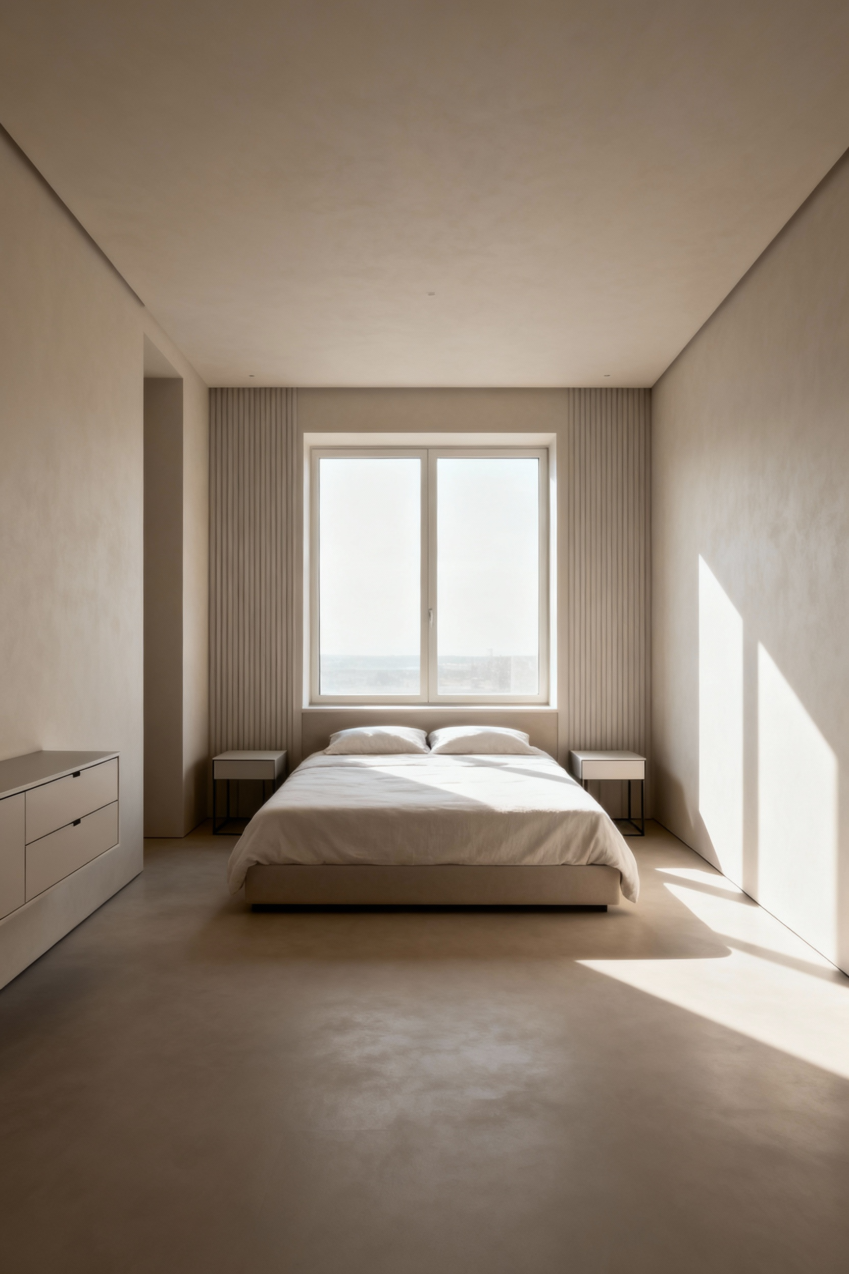 A beautifully arranged modern bedroom demonstrating optimal furniture placement for maximum flow and footprint. A bed is centered on a long wall, with clear pathways to all furniture including nightstands and a slim dresser, under soft natural lighting.