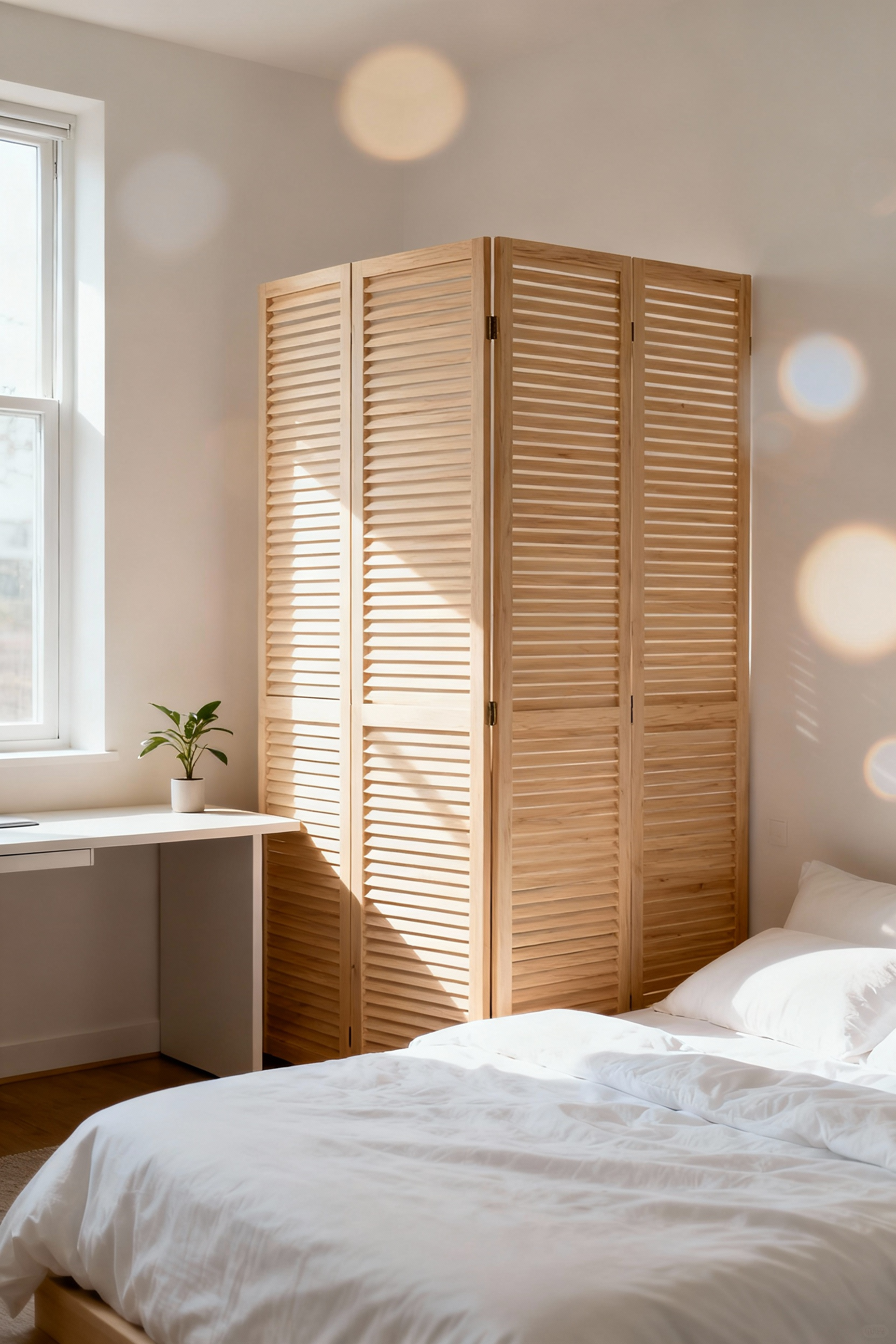 A serene bedroom divided by a modern wooden slatted room divider screen, creating a separate sleeping zone and a small workspace, bathed in soft natural light.