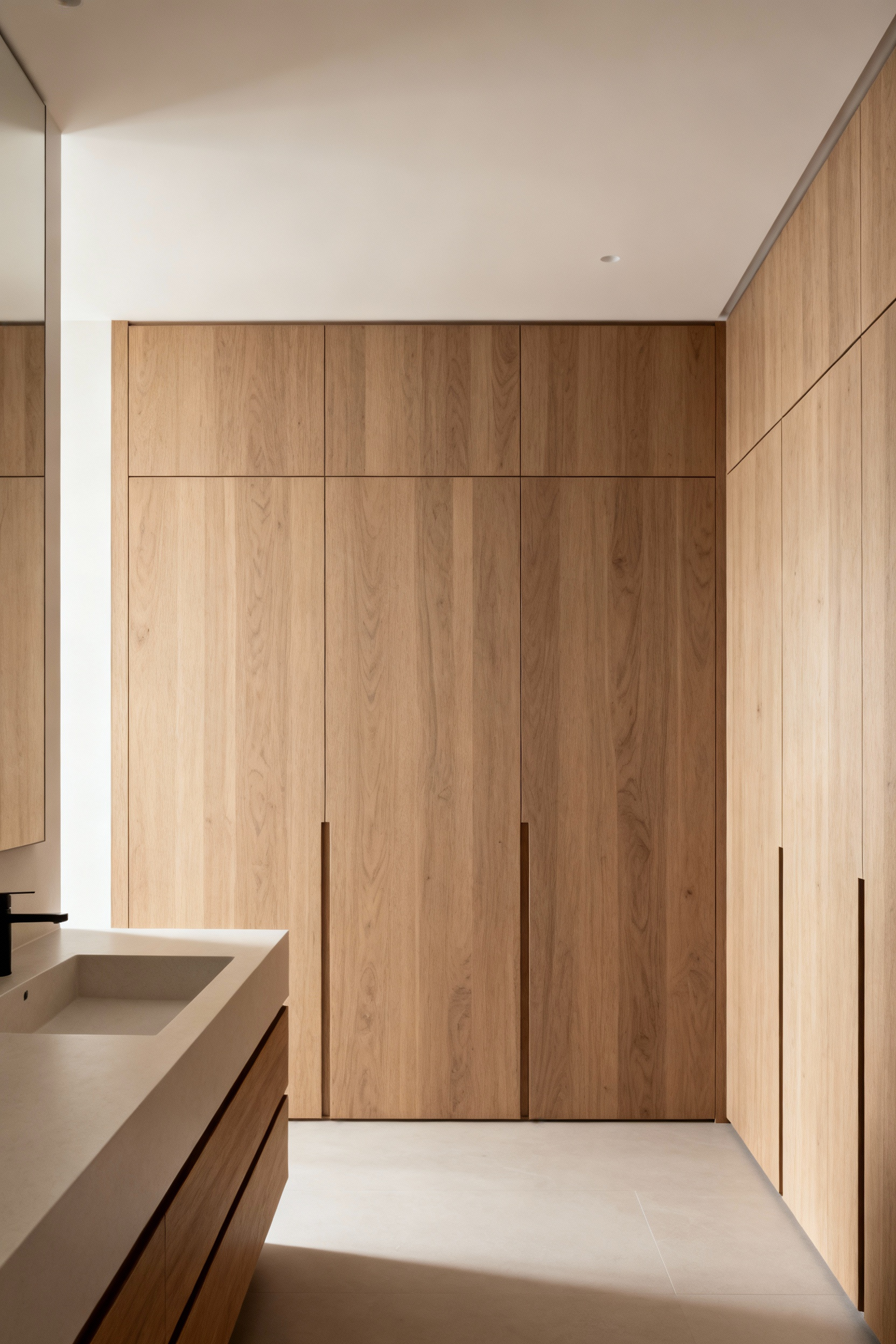 High-end bathroom with seamless bespoke millwork, light rift-sawn walnut custom vanity, and integrated storage panels blending with walls, showcasing luxury storage and cohesive design.
