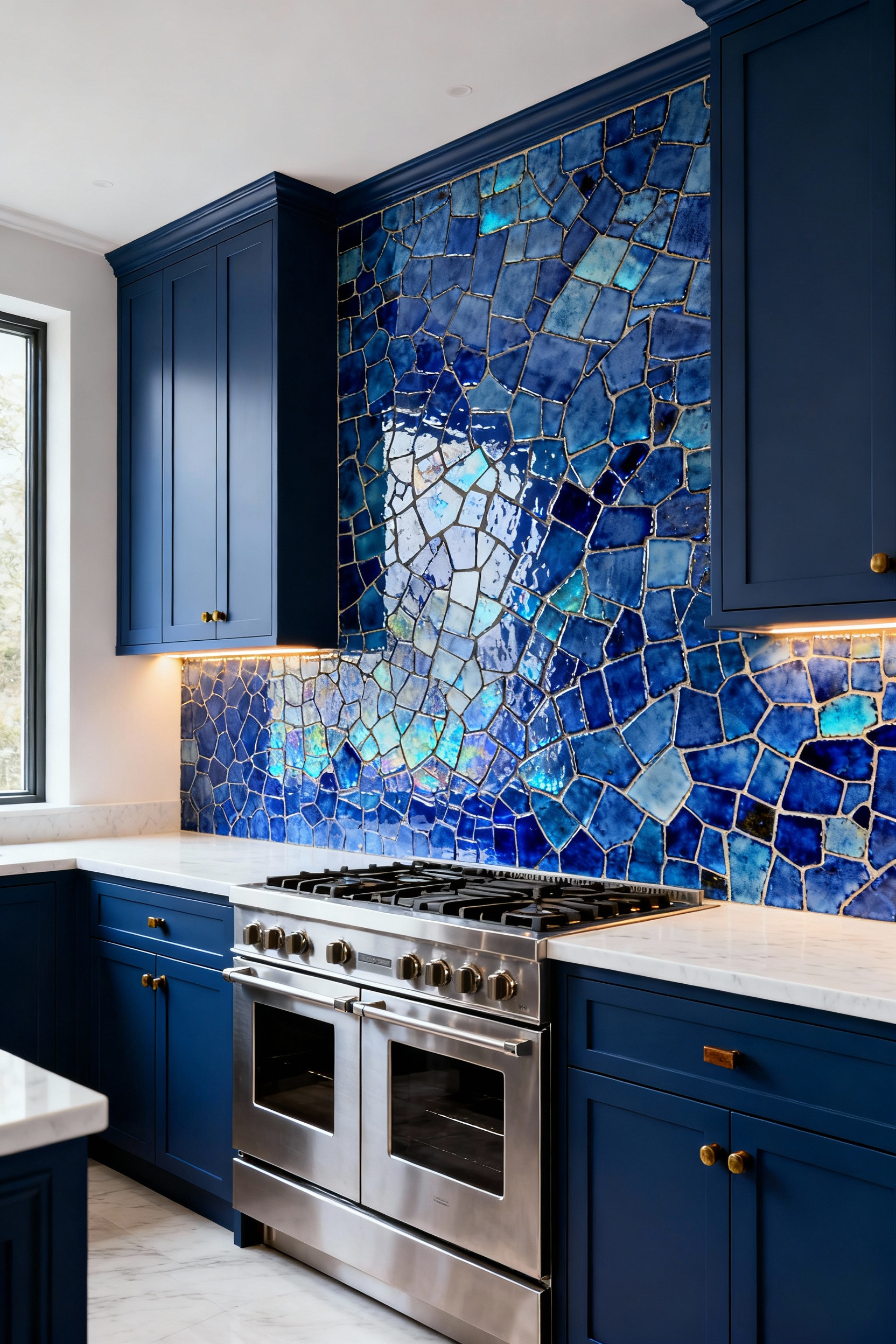 Luxurious kitchen featuring a full-wall art installation backsplash with hand-fired, deep indigo blue zellige tiles and integrated dark blue cabinetry.