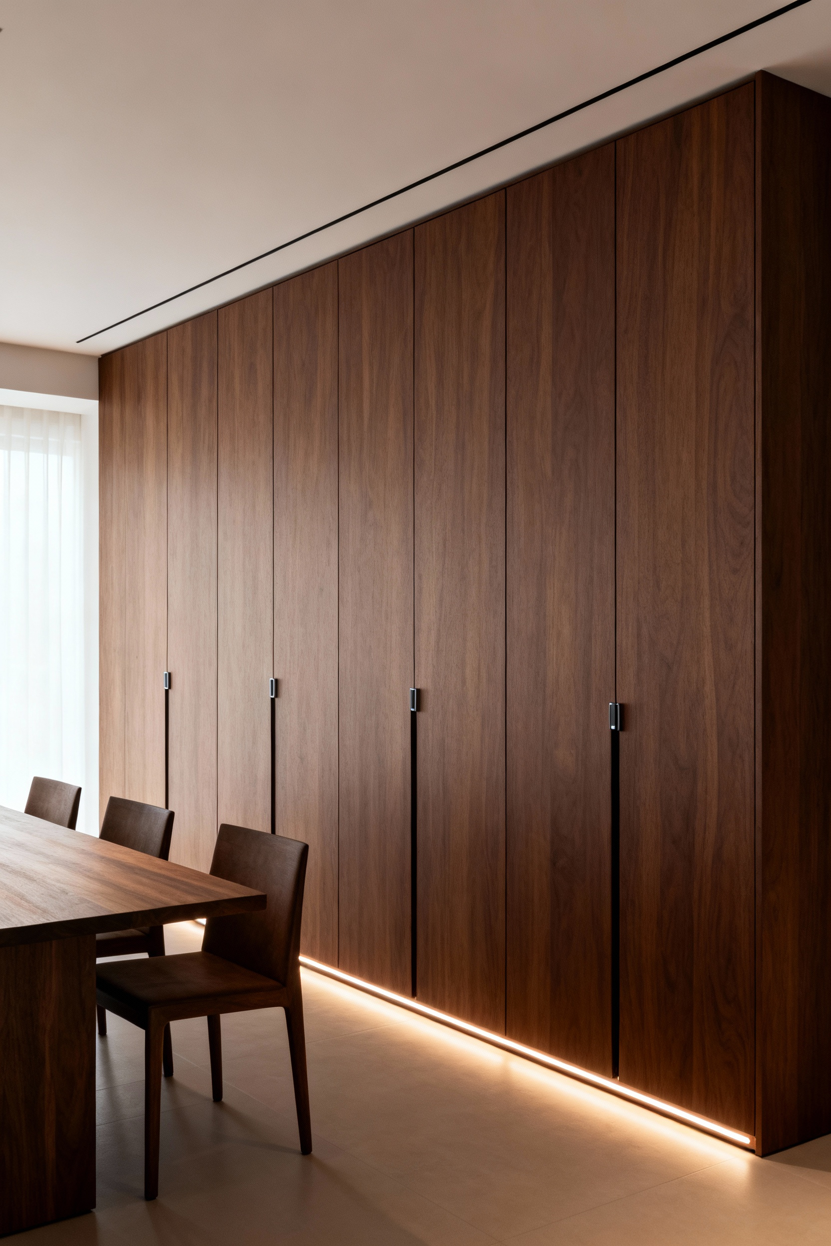 Modern dining room with a floor-to-ceiling bespoke walnut credenza, integrated LED lighting, and touch-latch doors, showcasing custom storage and sleek design.
