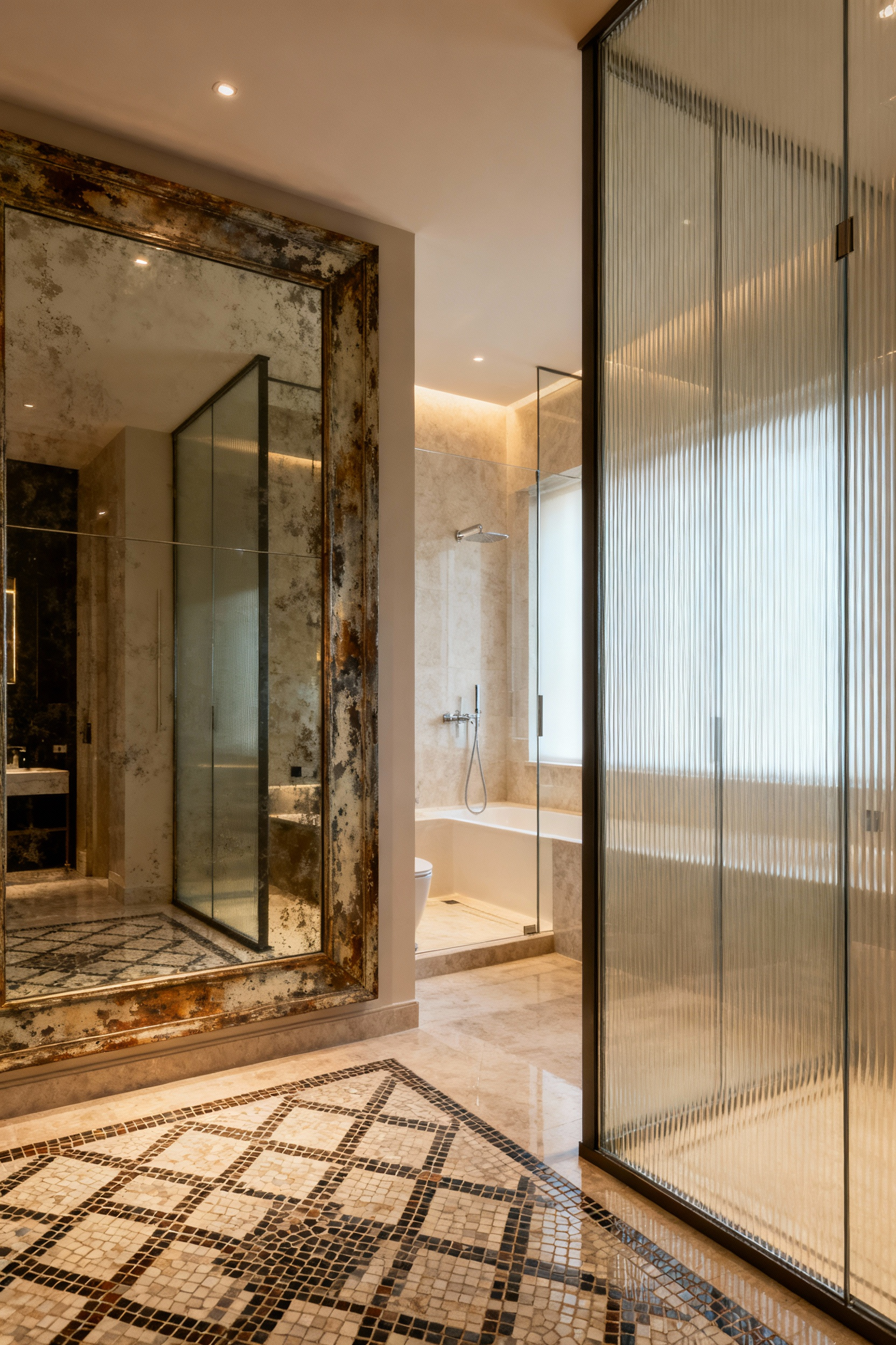 Luxurious bathroom interior featuring a large antiqued bespoke mirror wall and a reeded architectural glass shower partition, reflecting light and creating an expansive space.