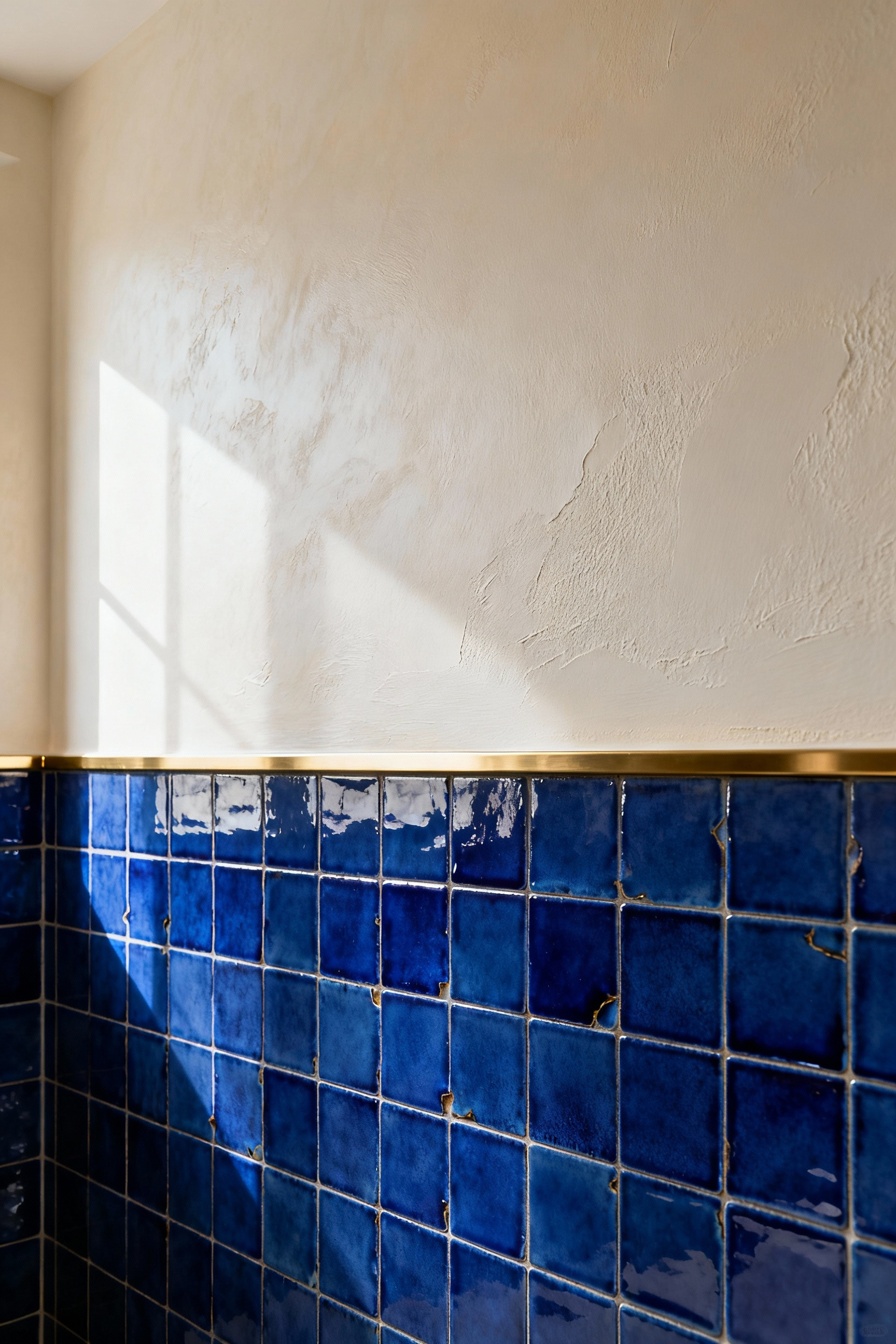 Luxurious bathroom accent wall featuring deep sapphire hand-glazed zellige tiles and warm off-white Venetian stucco, highlighting textural depth and bespoke craftsmanship.