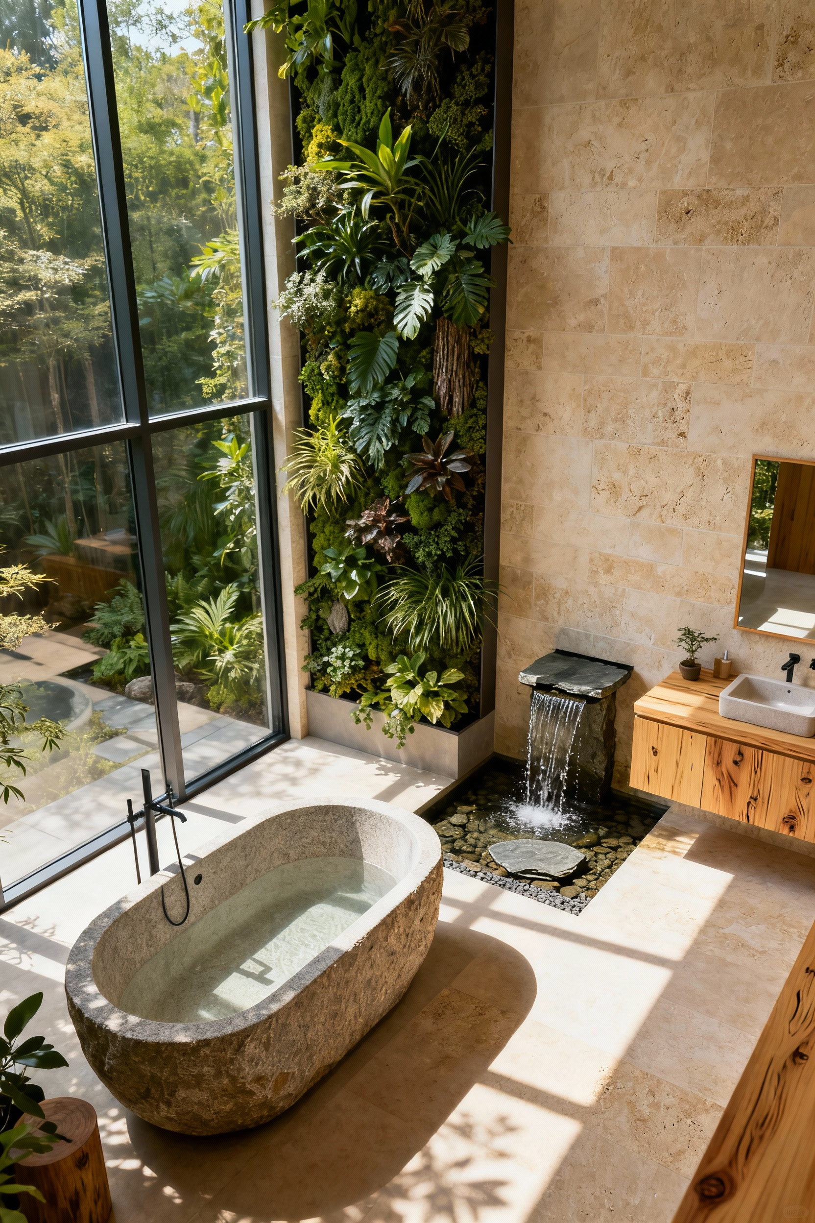 Luxurious biophilic bathroom with stone tub, living wall, natural wood vanity, and ample natural light creating organic serenity.