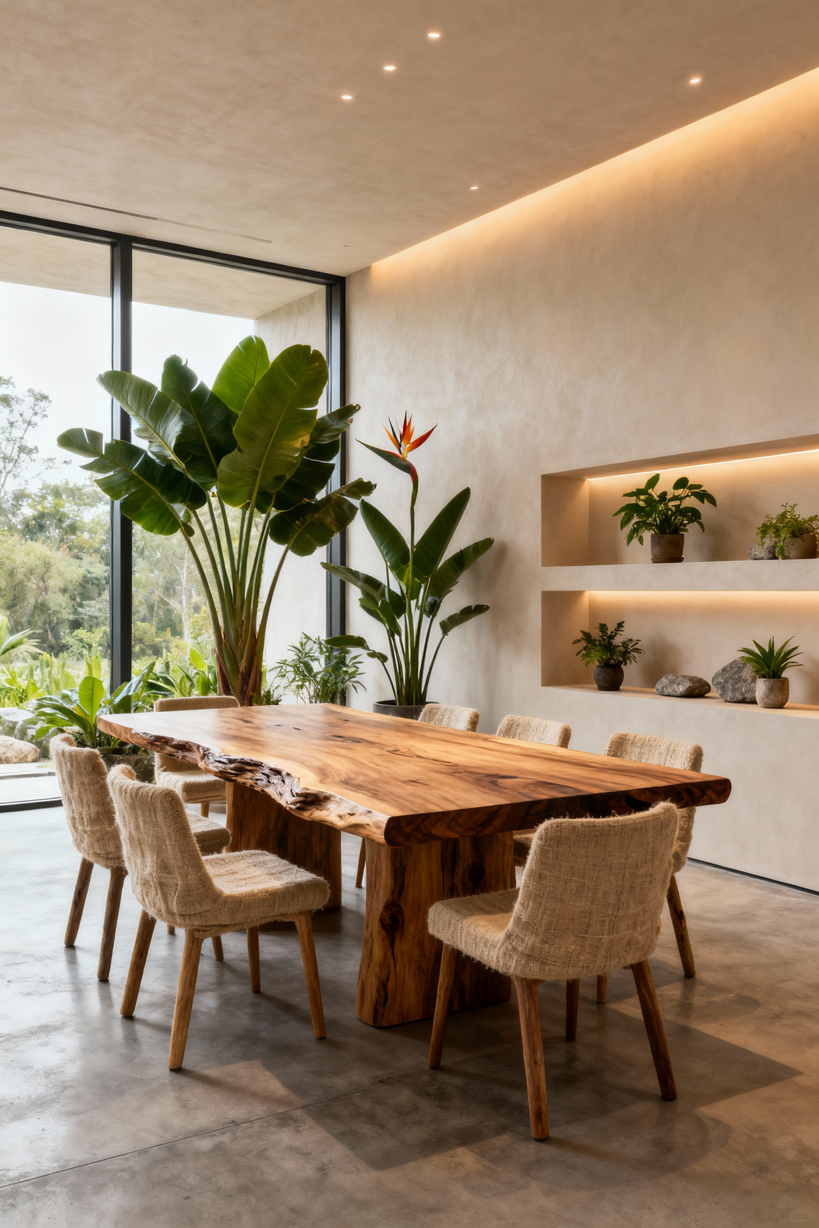 Modern dining room with biophilic design, featuring a live-edge wood table, sculptural plants, and abundant natural light from tall windows.