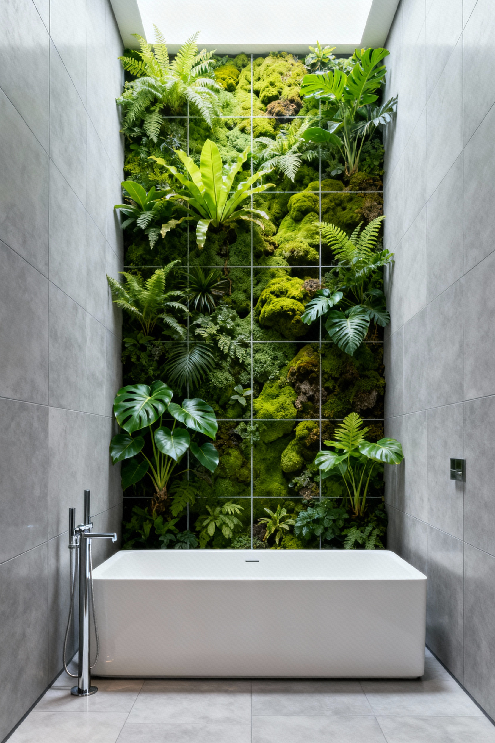 A minimalist modern bathroom featuring a freestanding white bathtub, large gray porcelain tiles, and a massive, textured living wall (vertical garden) that provides a soft, organic contrast to the hard architectural lines of the space.