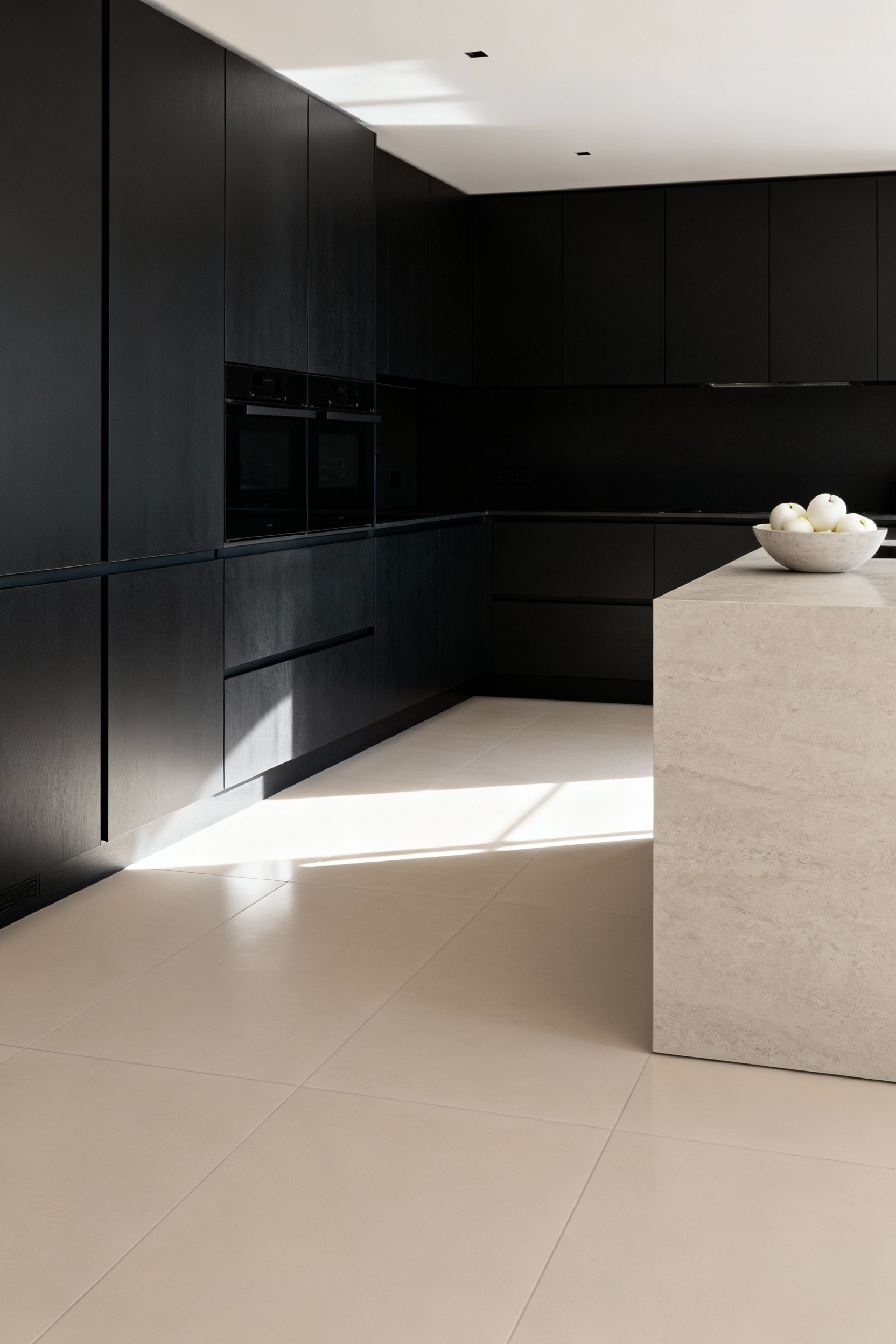 Matte black modern kitchen cabinets grounded by light, low-luster porcelain flooring, demonstrating how the reflective, matte surface diffuses ambient light upwards to prevent the dark cabinets from darkening the room.