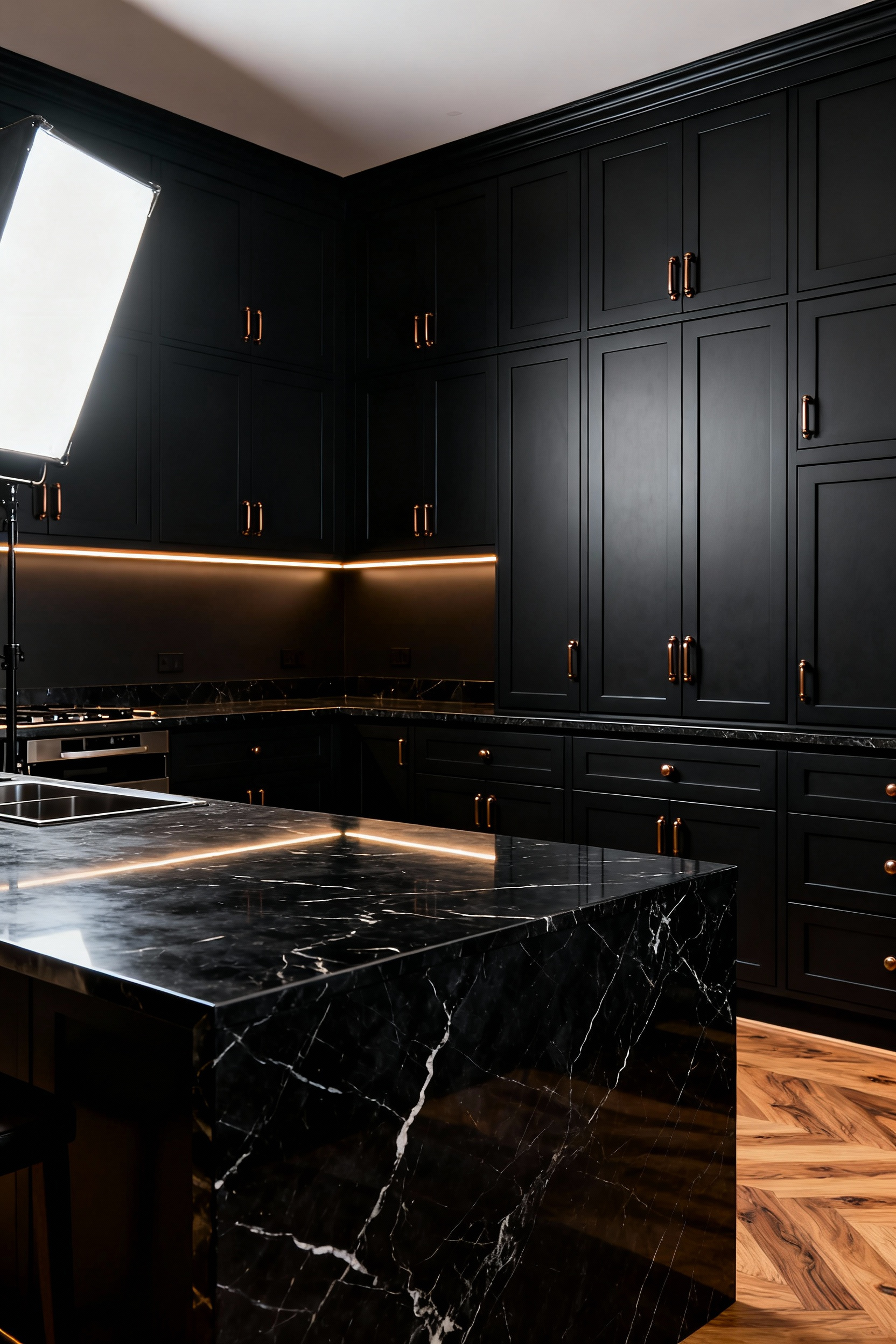A photograph of a luxurious kitchen featuring perfectly illuminated matte black cabinets and a black marble island, illustrating the successful application of high lumen compensation to reveal surface depth and texture.