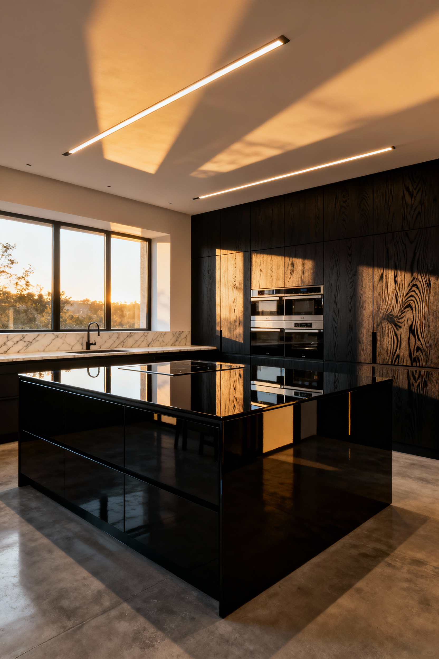 Modern black kitchen design contrasting an ultra-modern high-gloss black lacquer central island with textured charcoal wire-brushed oak perimeter cabinets.