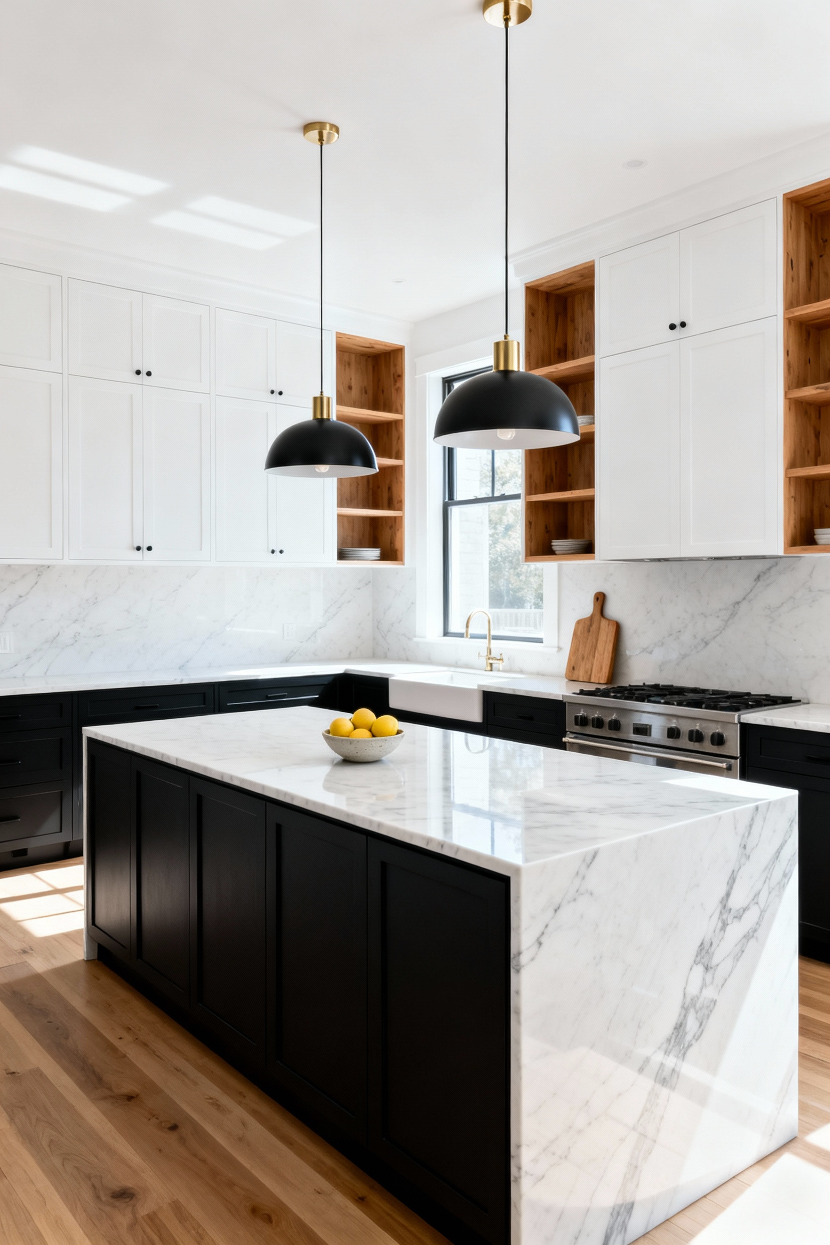 A modern transitional kitchen showcasing the "Tuxedo Effect" with matte black lower cabinets and a central island anchoring the design, contrasted against crisp white upper cabinets and walls to simulate height.