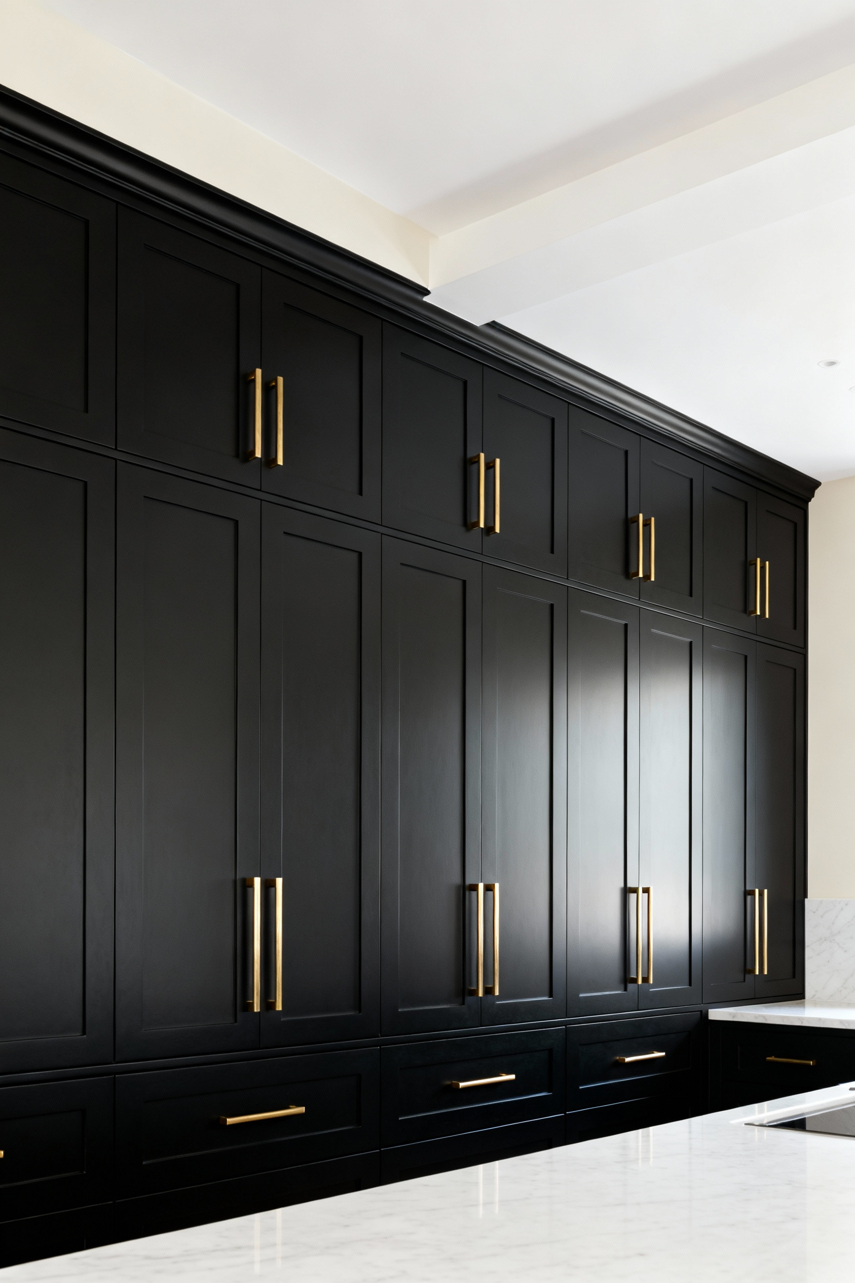 A modern kitchen wall featuring dramatic floor-to-ceiling matte black cabinetry equipped with long, vertical brushed brass pulls that emphasize vertical lines to draw the eye up toward the ceiling.