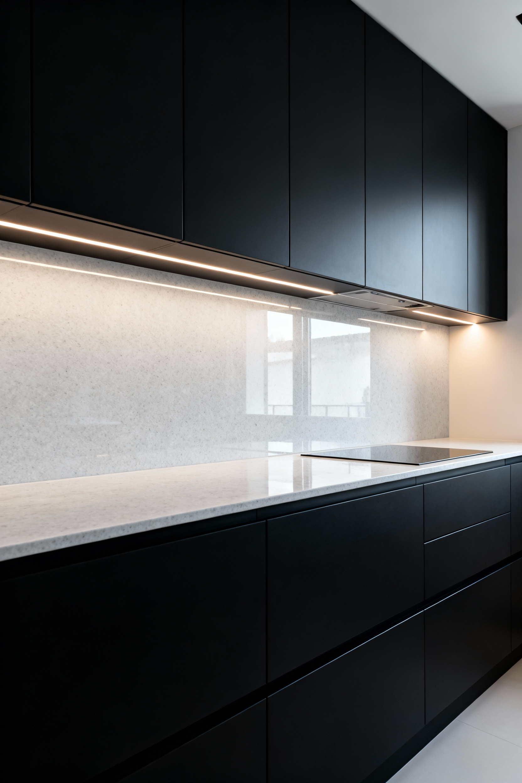 A modern kitchen featuring matte black cabinets contrasted by a highly reflective, polished white quartz slab backsplash, demonstrating how high sheen surfaces bounce under-cabinet lighting onto the light gray countertop.