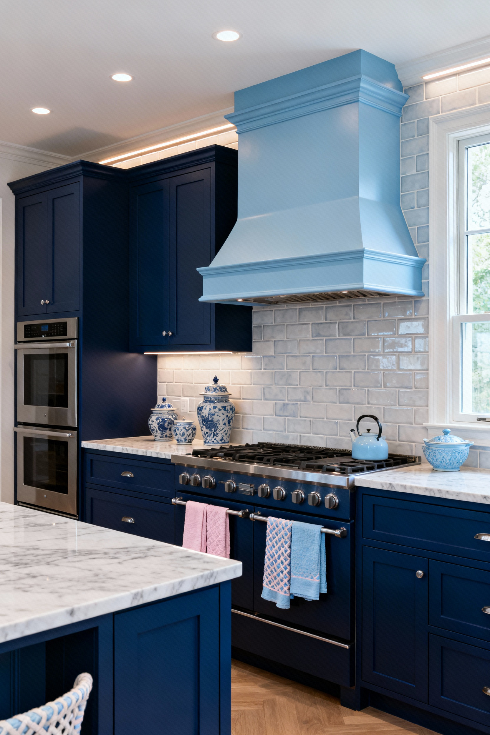 Luxury kitchen showcasing the 'Rule of Three' with three shades of blue: deep navy cabinetry, lighter blue backsplash, and subtle powder blue accessories for sophisticated depth and visual interest.