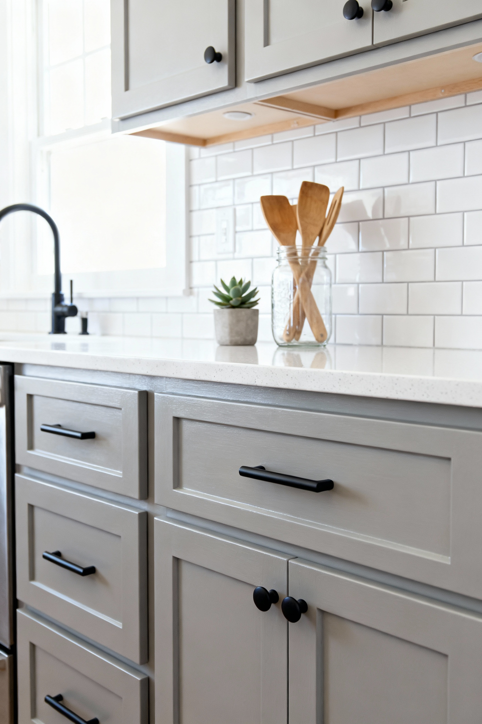 Freshly painted dove gray kitchen cabinets with new matte black bar pulls, demonstrating a high-impact, budget-friendly cosmetic remodel using only paint and updated hardware.