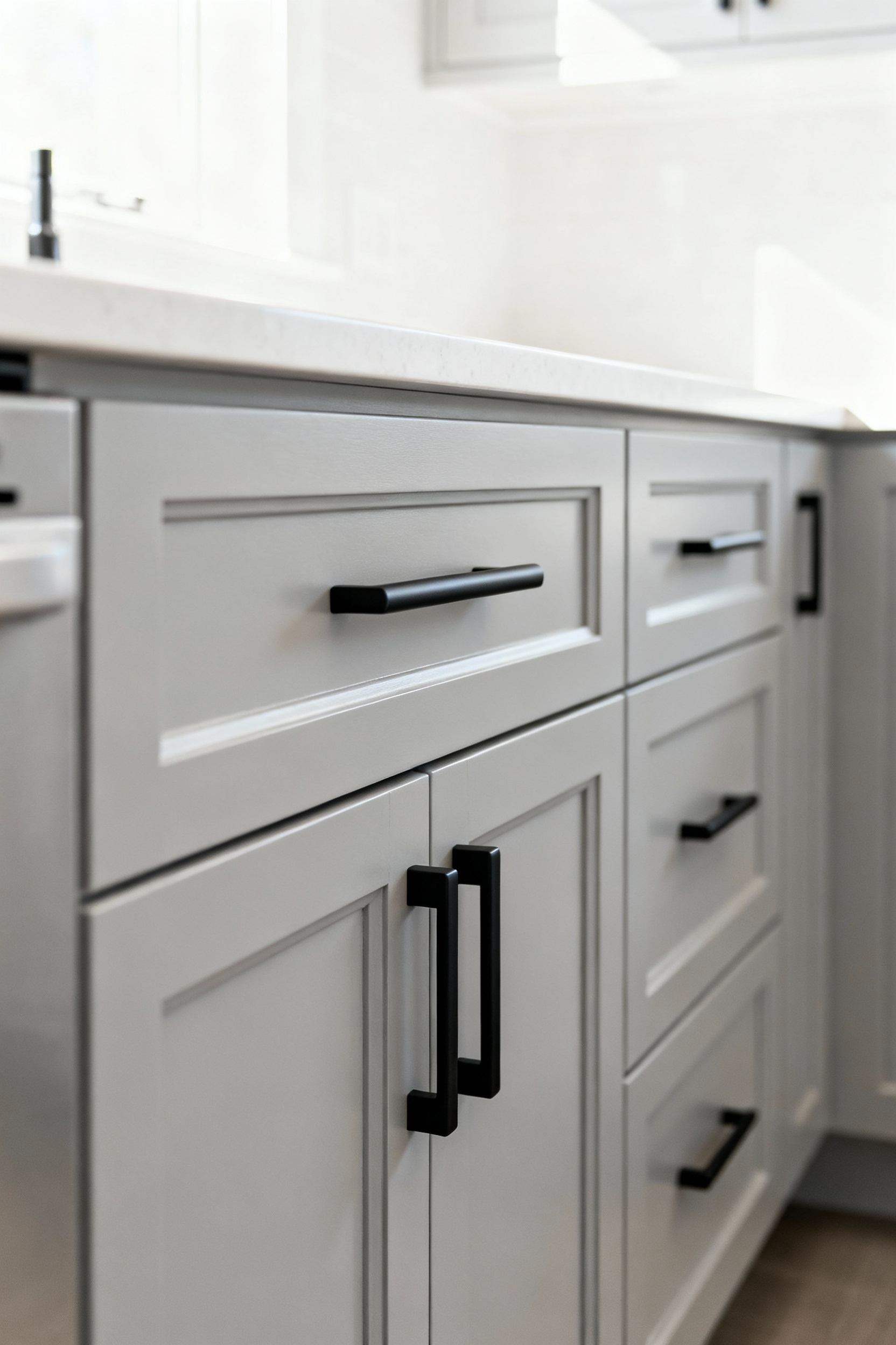 Matte black bar pulls installed on light gray shaker kitchen cabinets, demonstrating how swapping dated architectural hardware provides an immediate and budget-friendly visual upgrade.