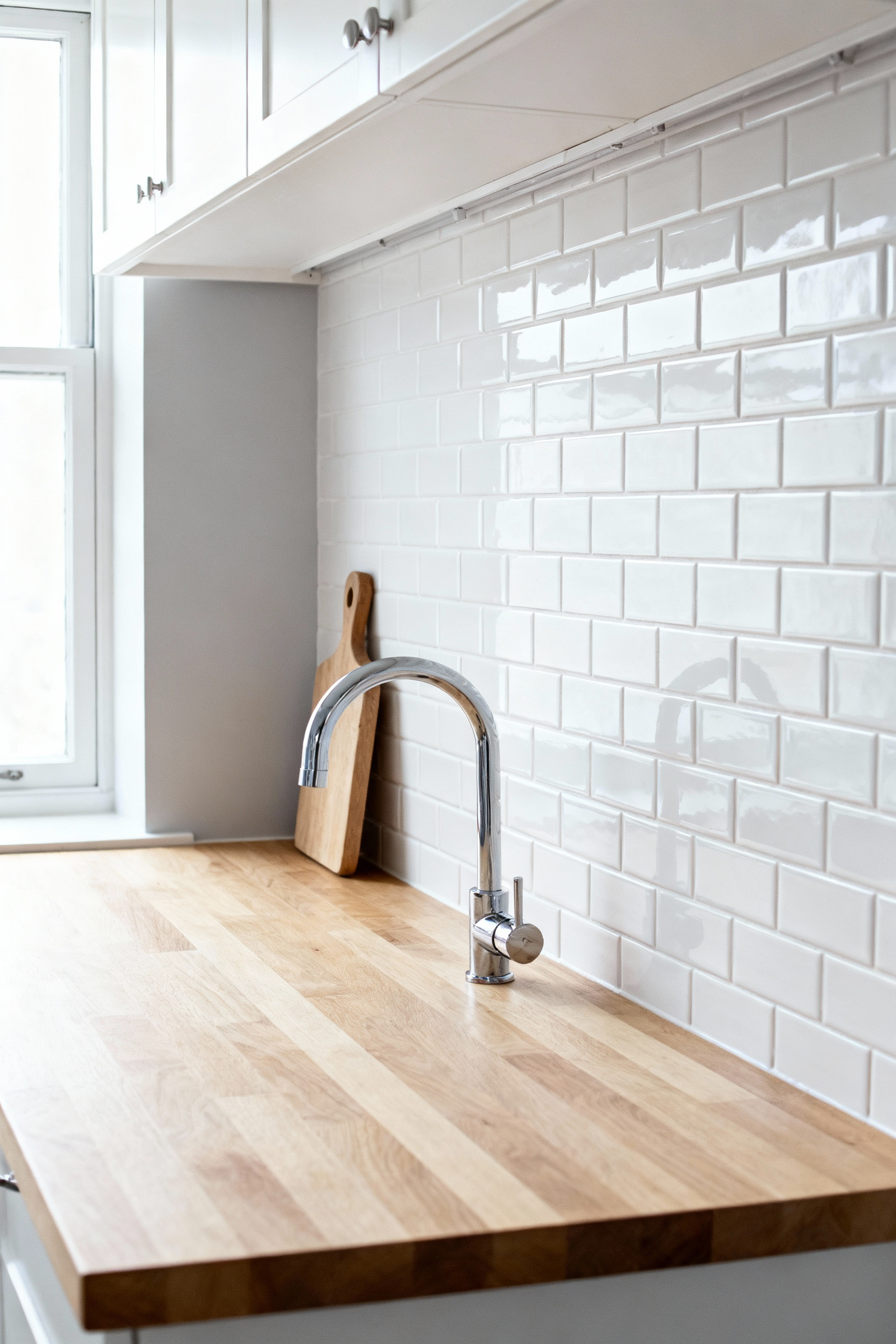 A bright, modern kitchen remodel featuring an inexpensive white subway tile backsplash above a light wooden countertop, demonstrating how clean composition creates a high-impact focal point on a budget.
