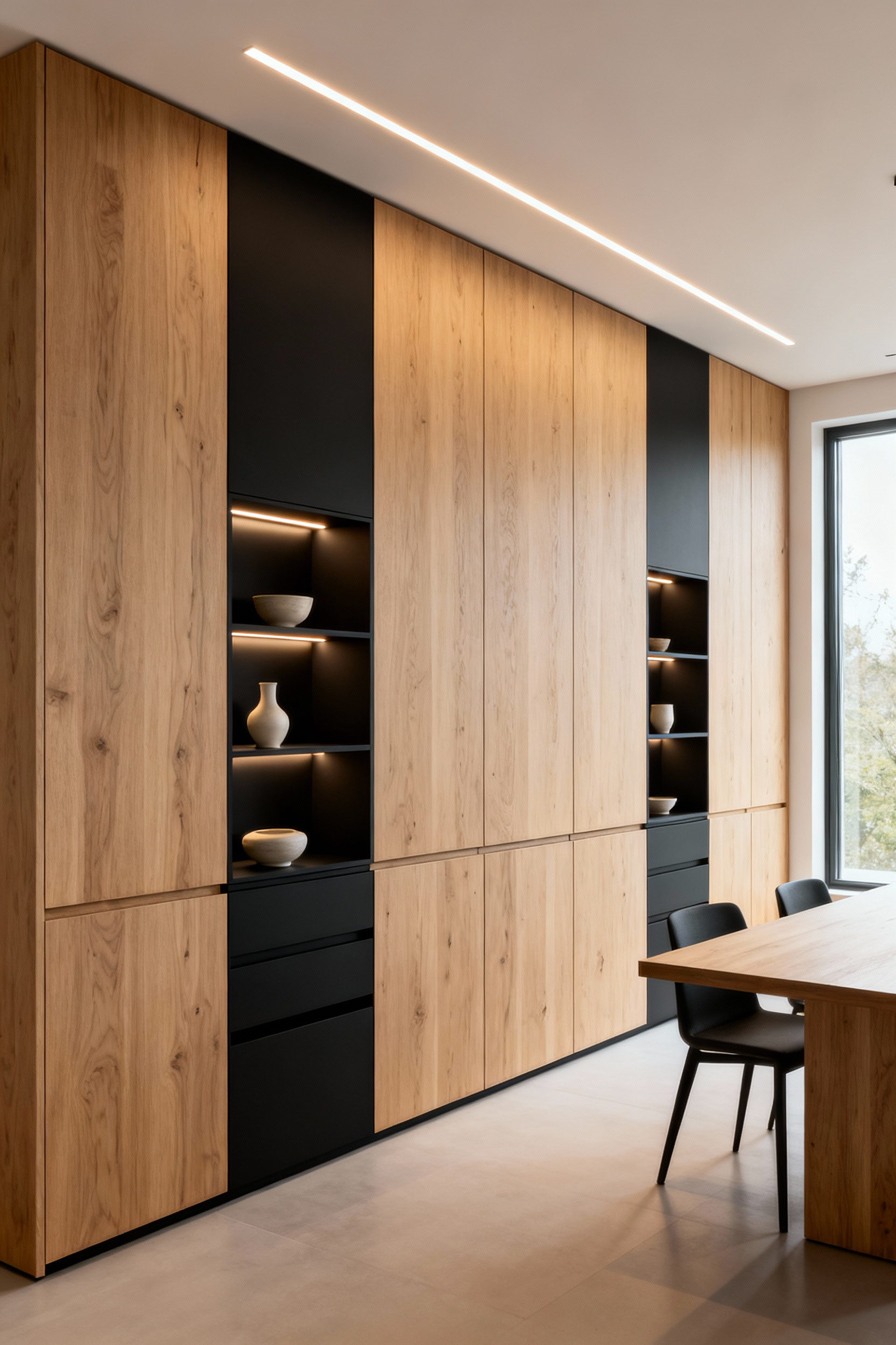 Modern dining room featuring floor-to-ceiling built-in cabinetry in rift-sawn white oak and matte black, with integrated LED lighting and minimalist decor.
