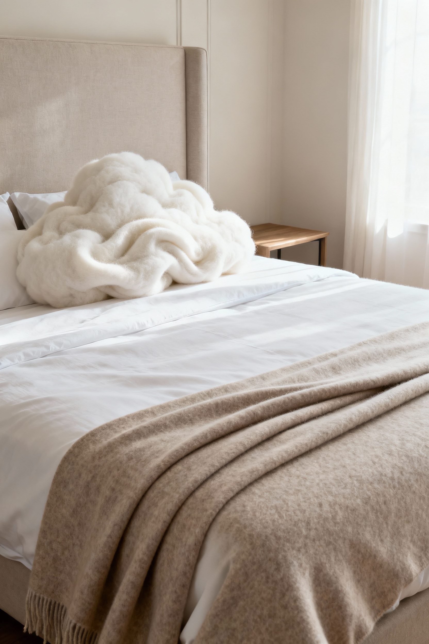 A luxurious king bed featuring a draped white cashmere throw and a folded oatmeal baby alpaca throw, emphasizing soft textures and high-end bedroom comfort.