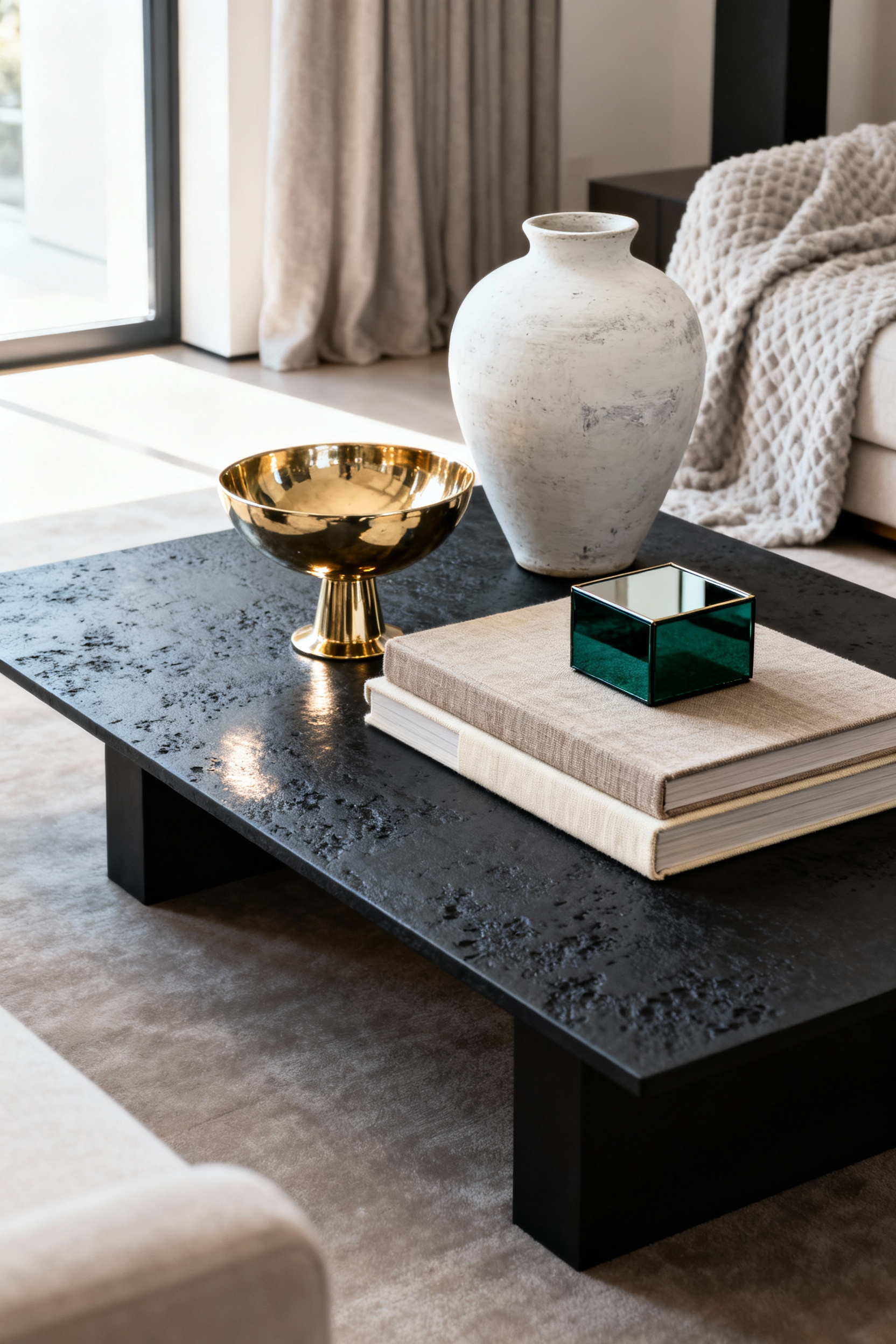 A coffee table vignette illustrating texture theory, featuring a strong visual contrast between high-gloss polished brass and emerald lacquer items and matte finishes like large ceramic vases and textured linen book covers.