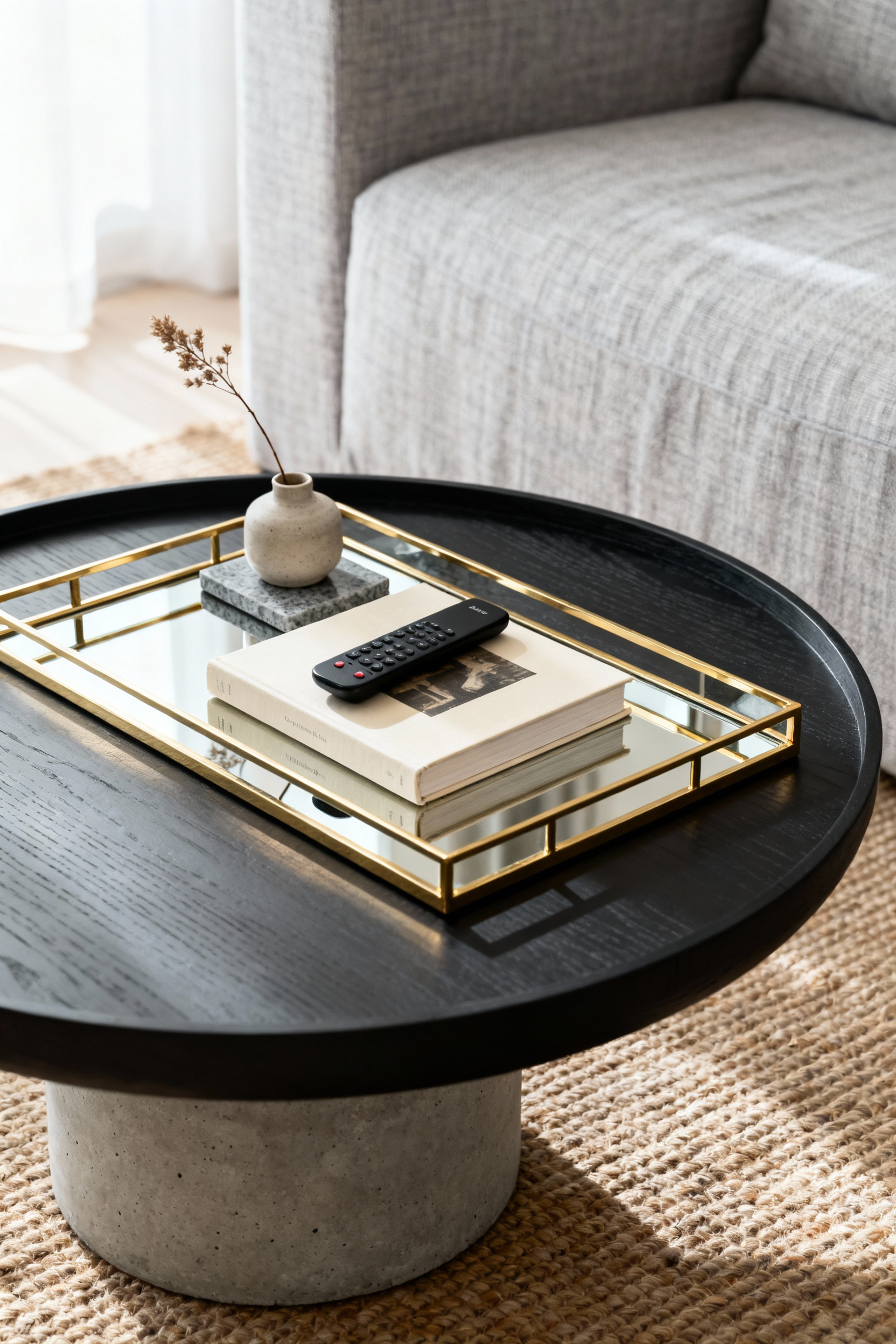 A minimalist, styled coffee table featuring a large polished gold mirrored tray contrasting sharply with the matte black table surface, used to frame and organize a cohesive vignette of books, a remote, and a small decorative vase.