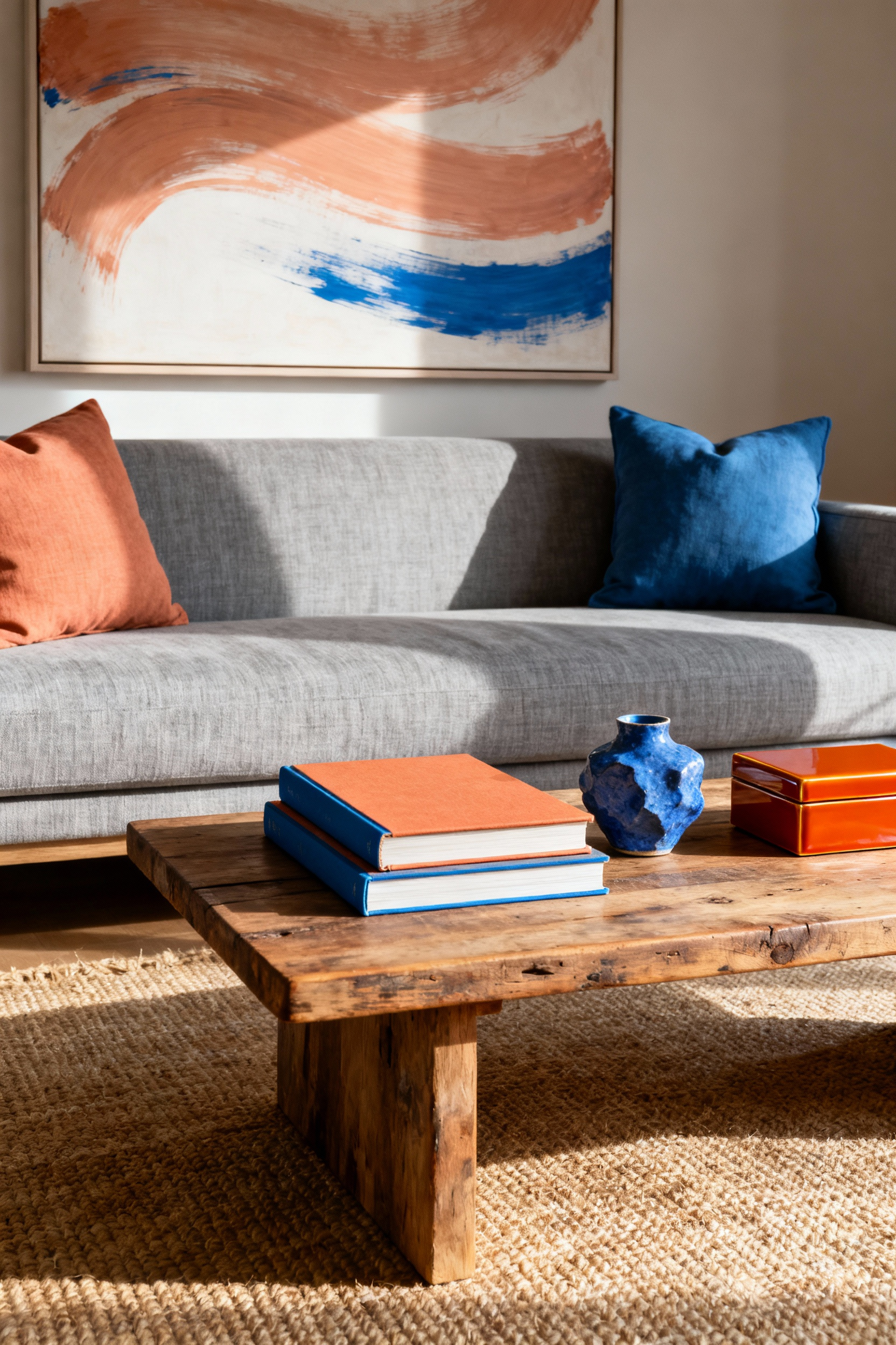 A living room photo showing a coffee table vignette where sapphire blue and terracotta orange accessories echo the colors found in the sofa pillows and wall art, illustrating sophisticated color integration.