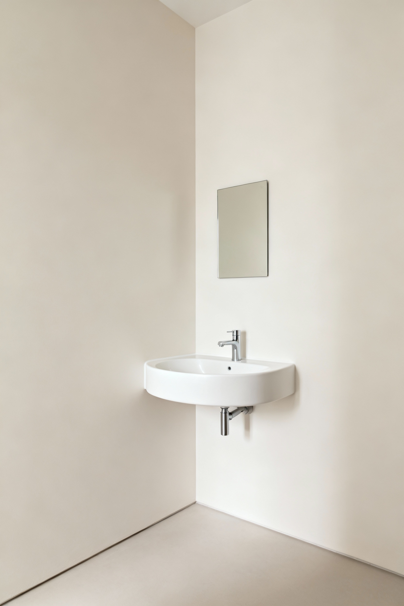 A modern, compact quarter-round corner sink installed in a small, minimalist bathroom, showcasing how it creates ample walkway space and improves flow.