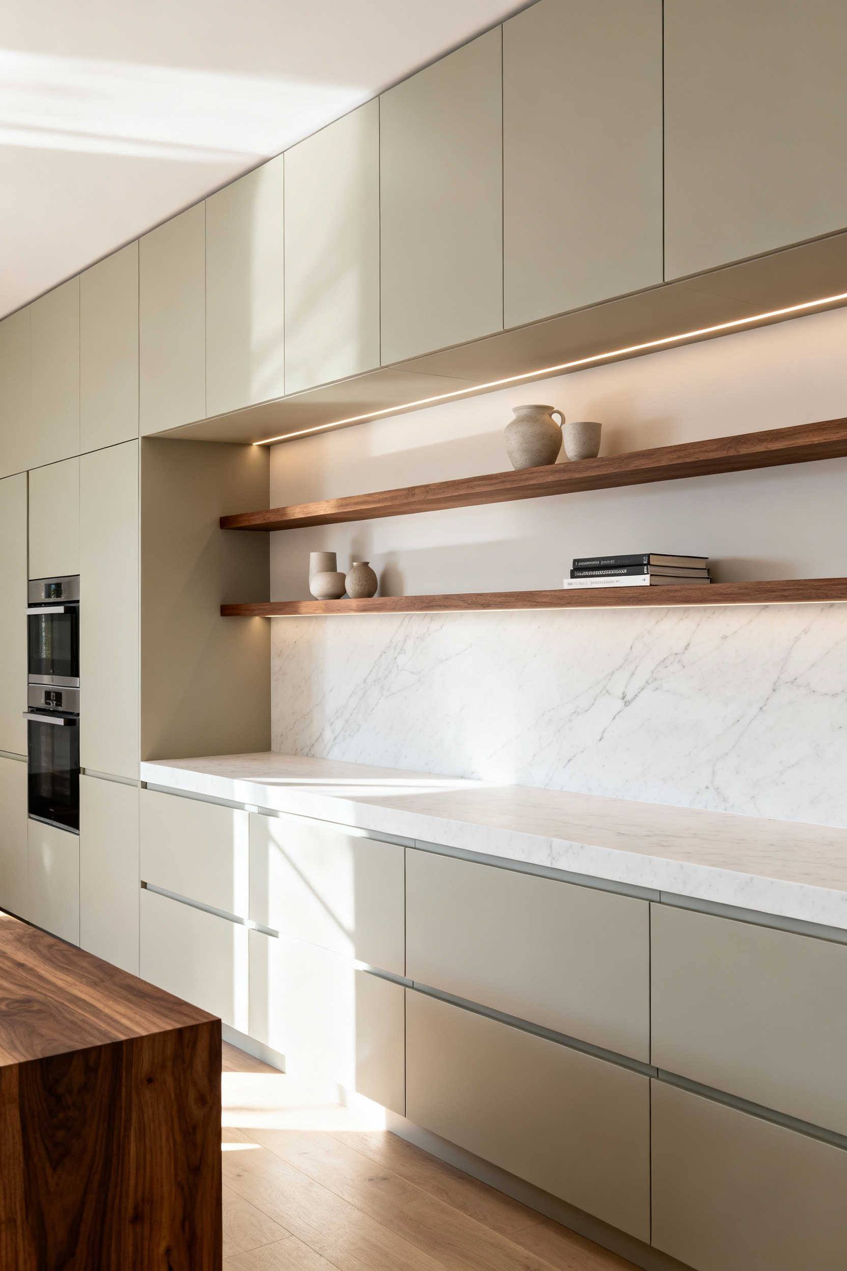 A minimalist contemporary kitchen utilizing light-greige seamless closed cabinets (80%) contrasted with open floating wood shelving (20%) displaying curated items.