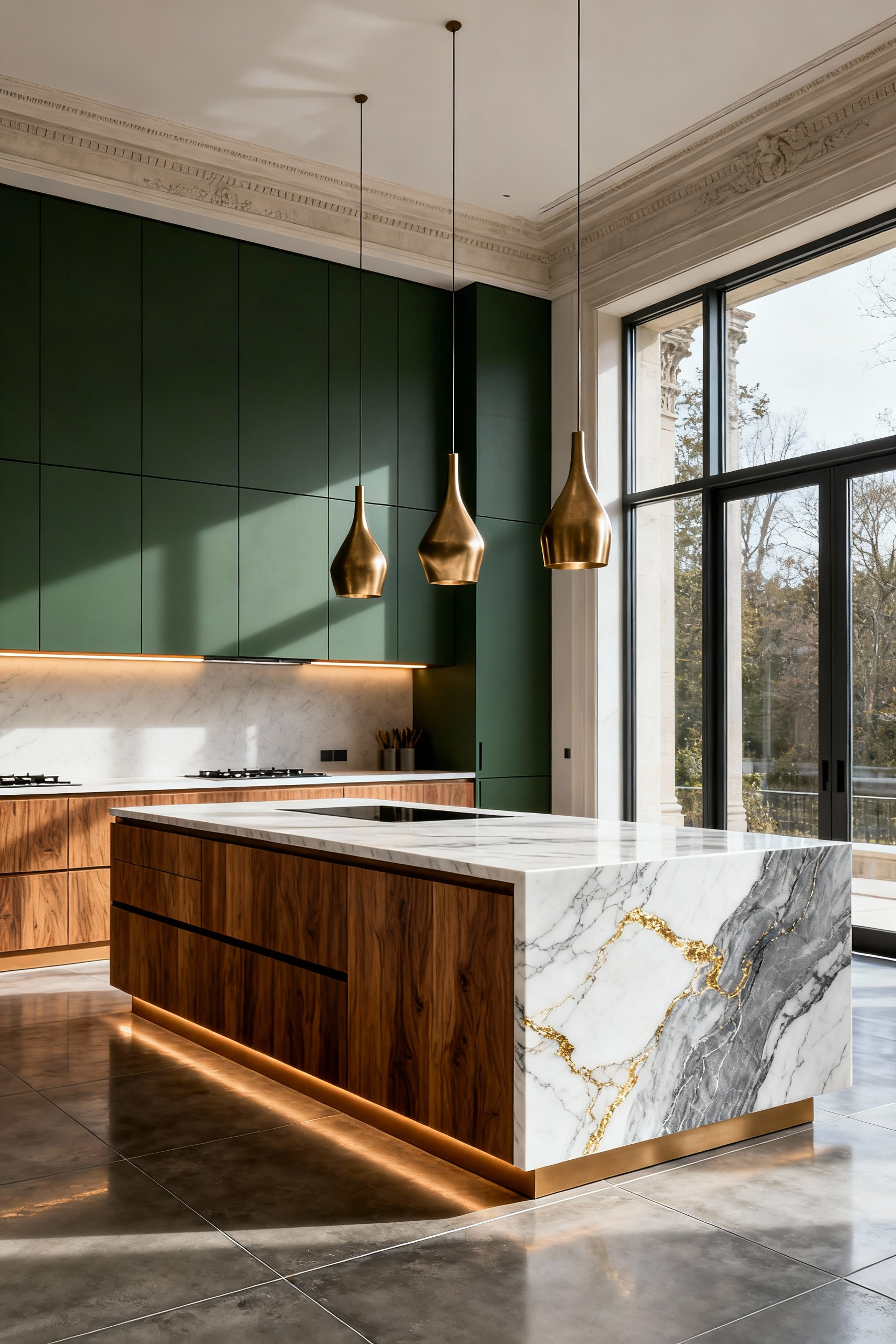 Full architectural shot of a contemporary kitchen featuring handleless, two-toned walnut and matte sage cabinets, a large Calacatta marble island with a waterfall edge, and elegant brass pendant lighting under bright natural illumination.
