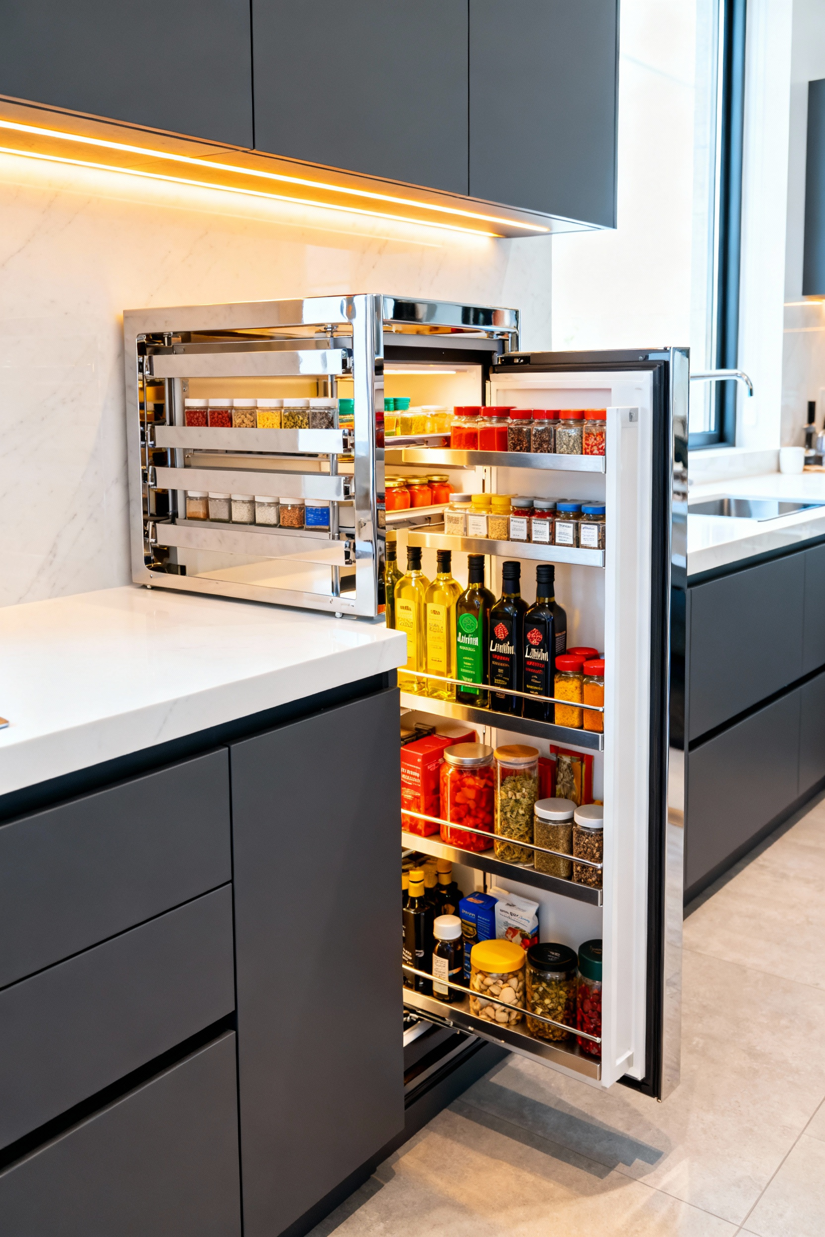 A wide shot of a contemporary matte gray kitchen with a fully extended polished chrome Le Mans unit blind corner storage system, revealing perfectly organized ingredients and utilizing 100% of the cabinet space.