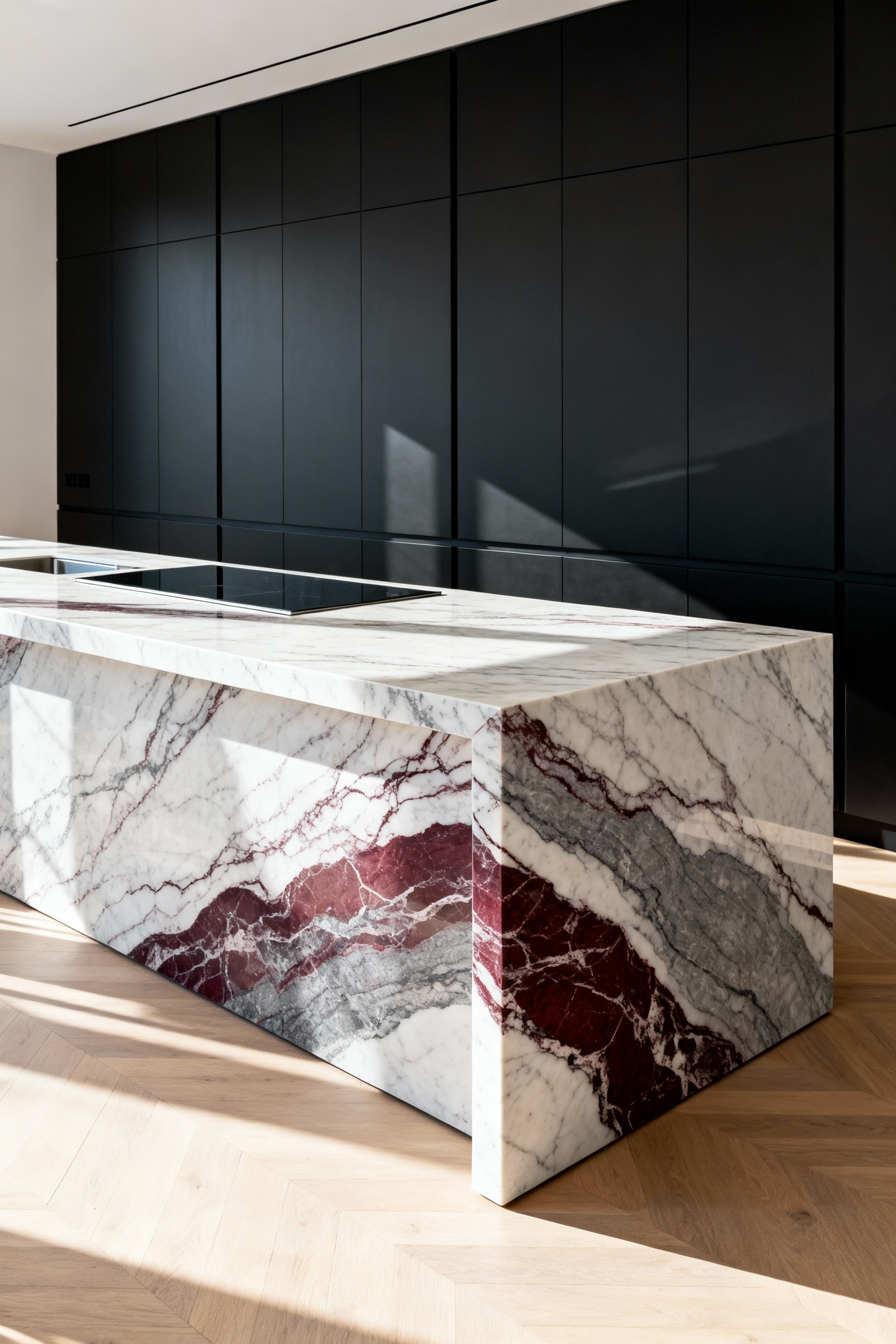 A spacious, contemporary kitchen featuring handleless matte black cabinets and a monumental marble waterfall island where the deep burgundy veining flows continuously down the mitered vertical edge.