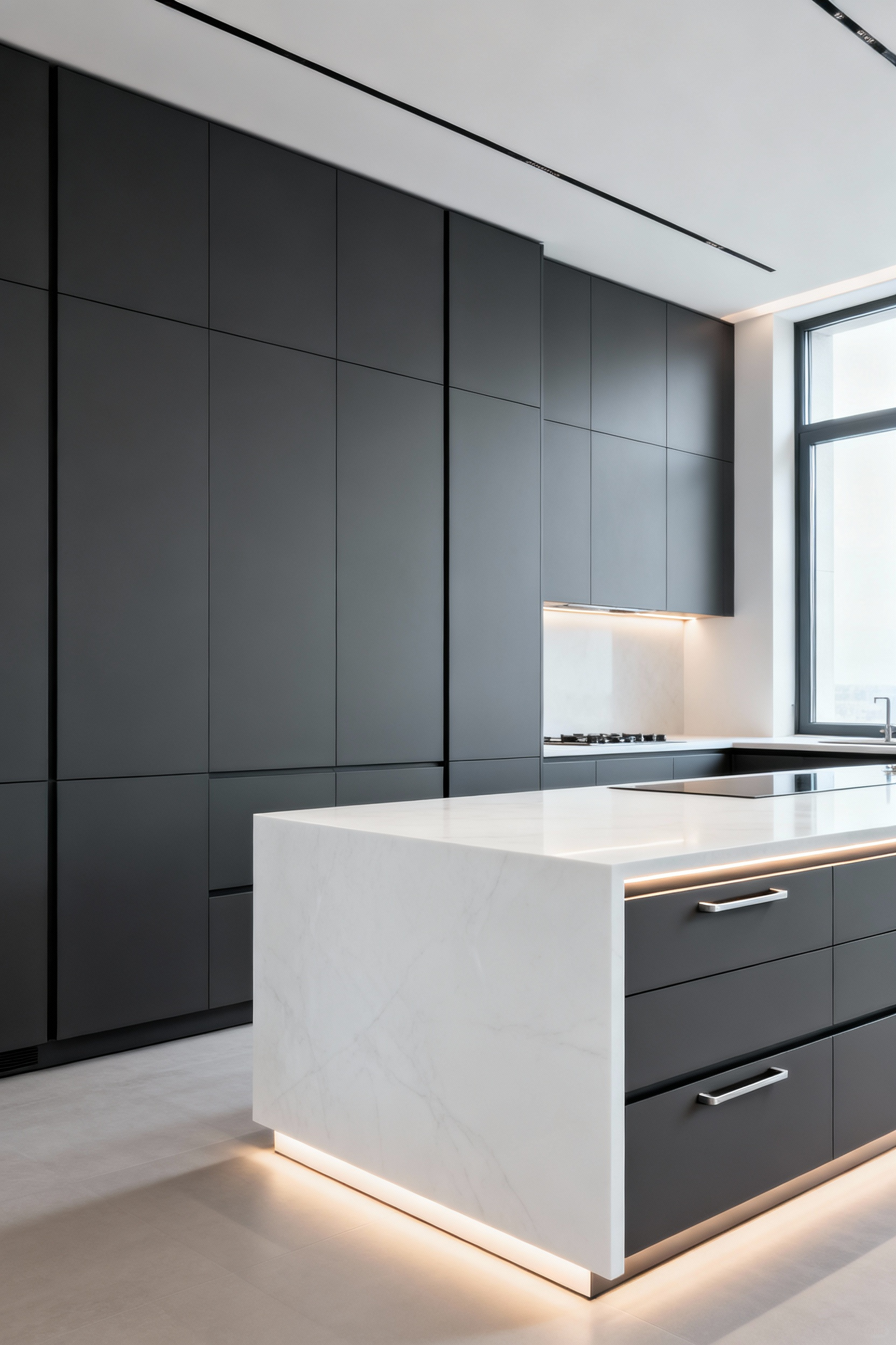 A minimalist contemporary kitchen showing the difference between seamless push-to-open slab cabinets on the back wall and integrated J-Pull profile handle grooves on the central island base.