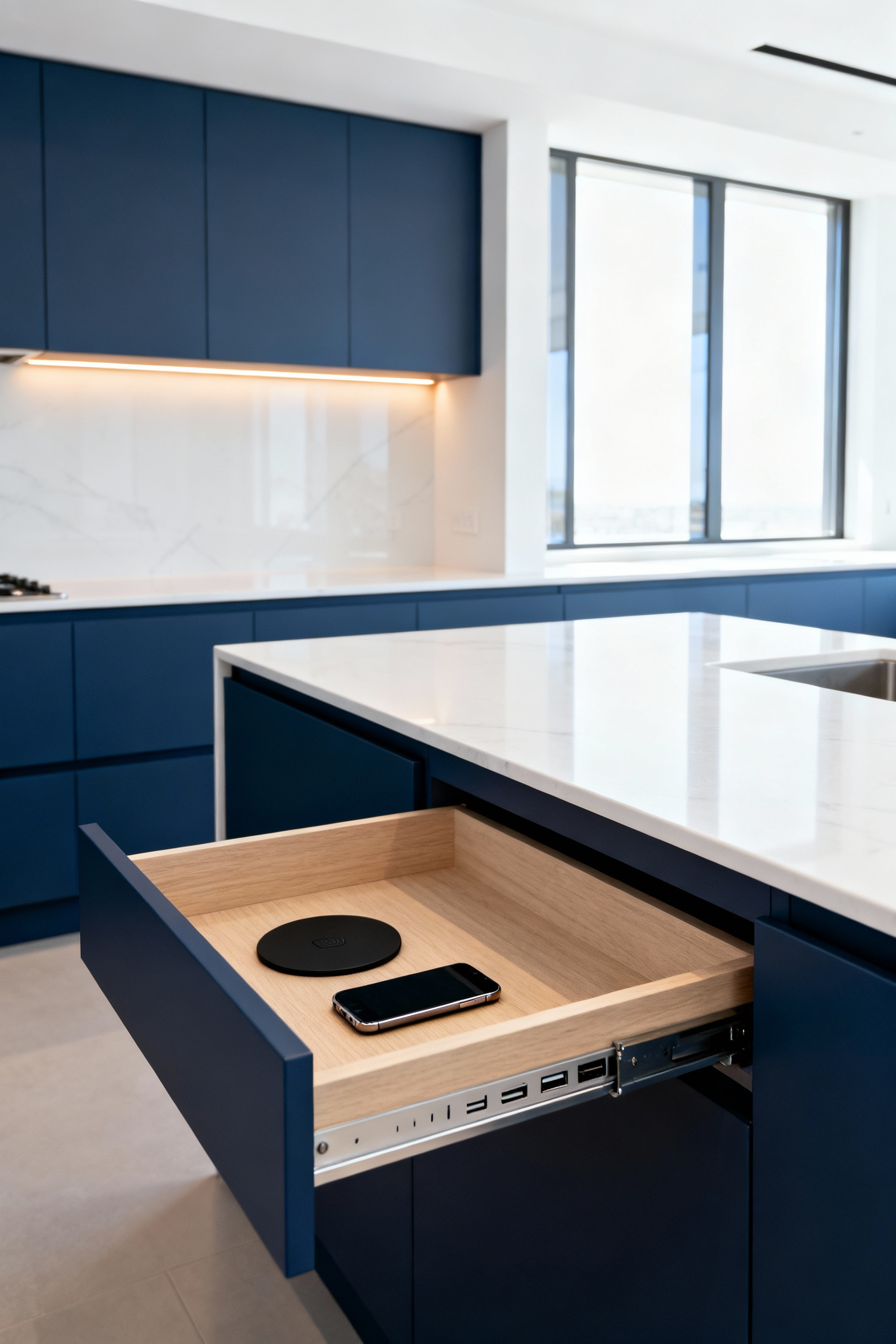 A pristine contemporary kitchen featuring matte slate cabinets, white quartz countertops, and a shallow drawer slightly open to reveal a built-in wireless Qi charging station.