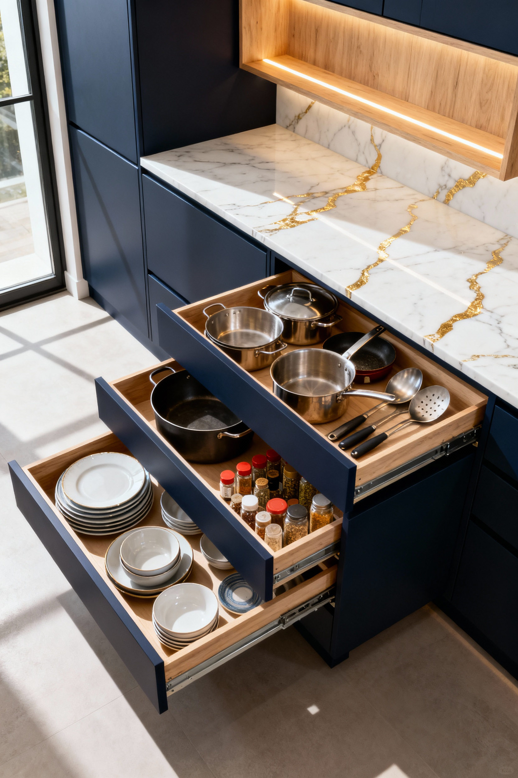 A contemporary kitchen interior featuring matte deep-navy base cabinets with three open, full-extension drawers showing highly organized, modular light wood insert systems for cookware and dishware, demonstrating optimal internal organization.