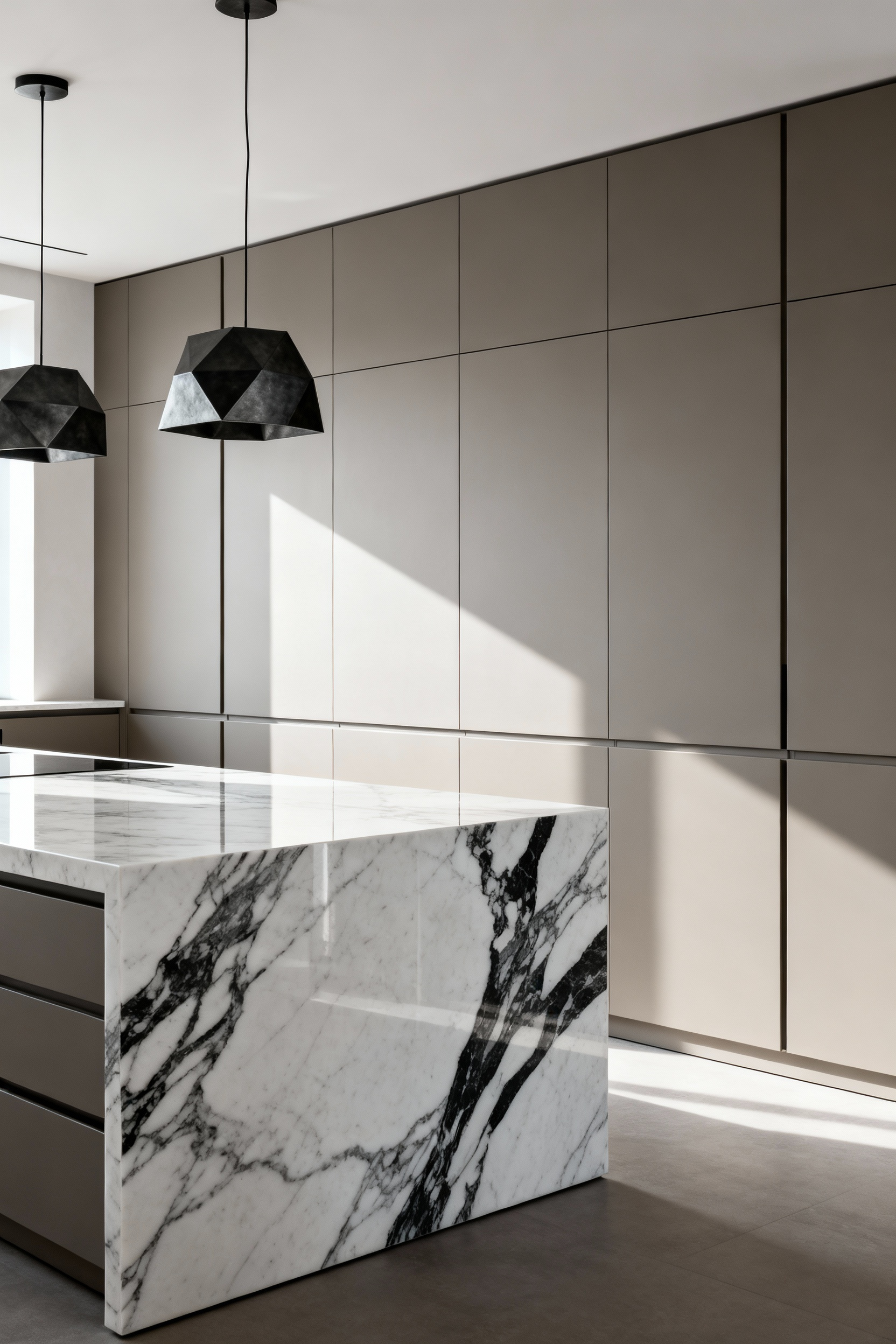 Minimalist contemporary kitchen featuring matte grey slab cabinets, a dramatic marble island countertop, and sculptural black metal pendant lighting, emphasizing negative space.