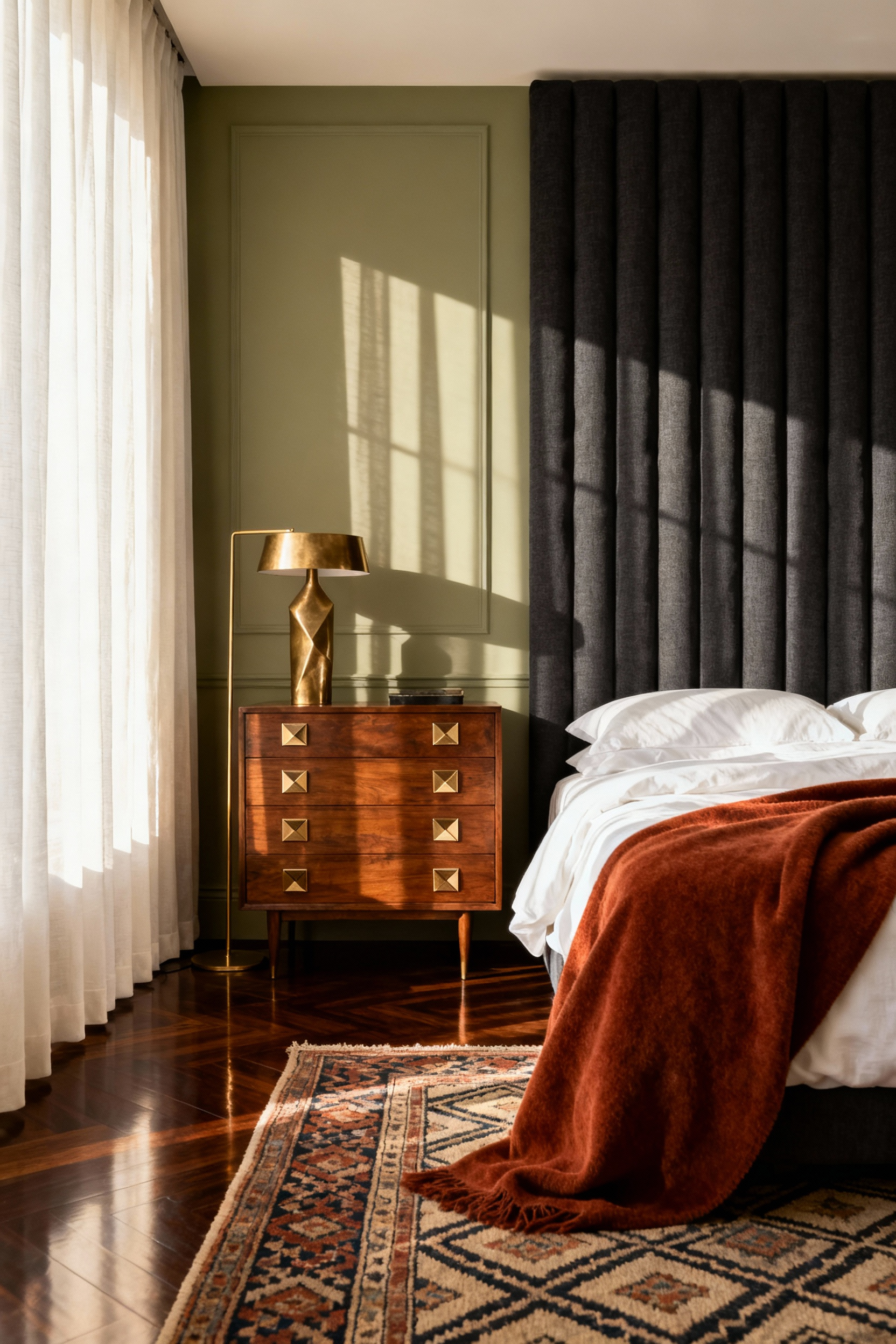 A sophisticated luxury bedroom featuring intentional design, pairing a modern charcoal upholstered headboard with a vintage mid-century walnut dresser, illuminated by soft morning light.