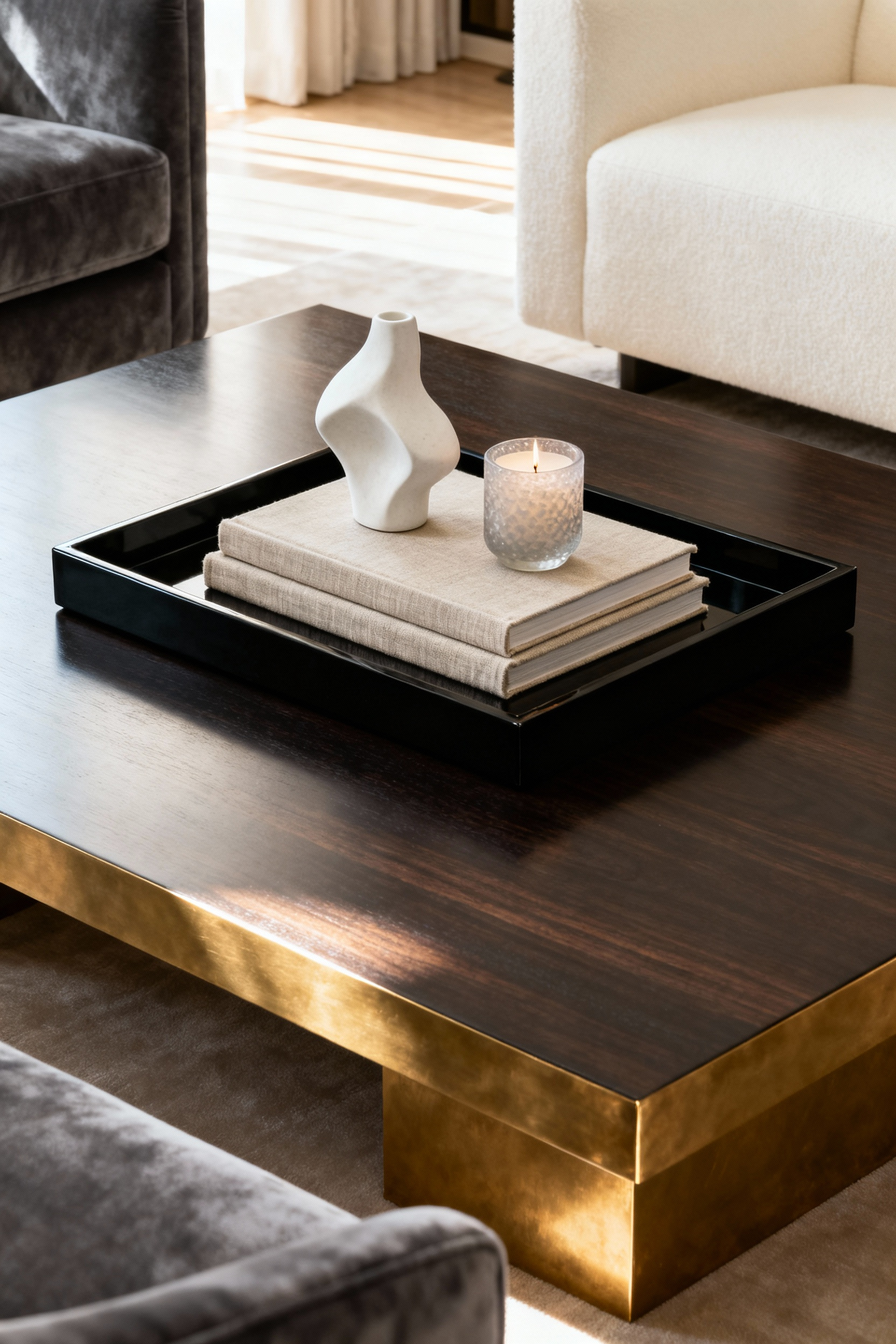 A highly curated coffee tablescape vignette in a luxury living room, featuring a substantial black lacquer tray containing stacked design books and a white ceramic objet d'art, emphasizing organization and high-end design.