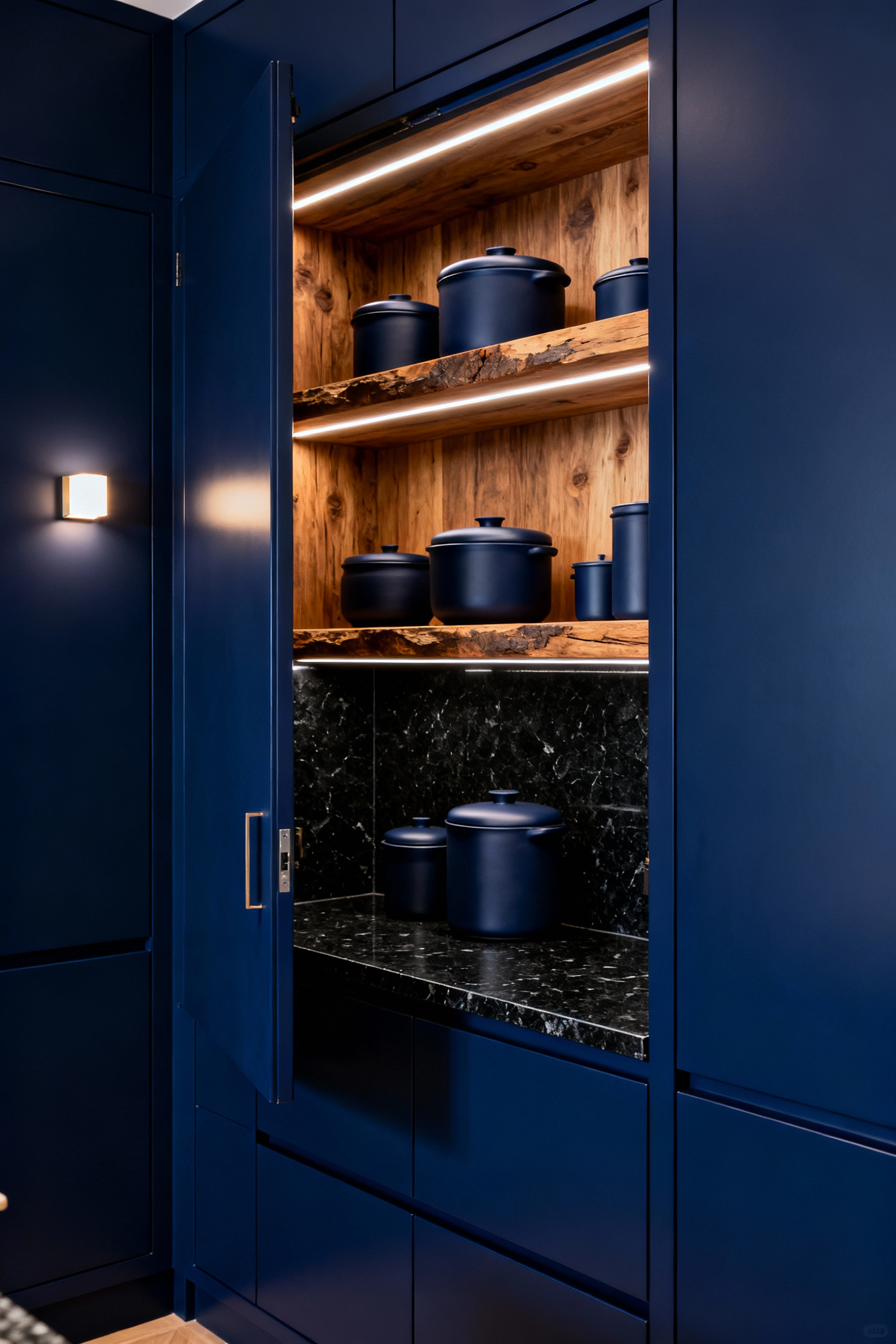 A sophisticated, partially open deep blue pantry featuring custom inky navy cabinetry, rough-sawn natural oak shelving, and a honed black granite countertop, illuminated by subtle LED strip lighting, showcasing a hidden, luxurious kitchen sanctuary.