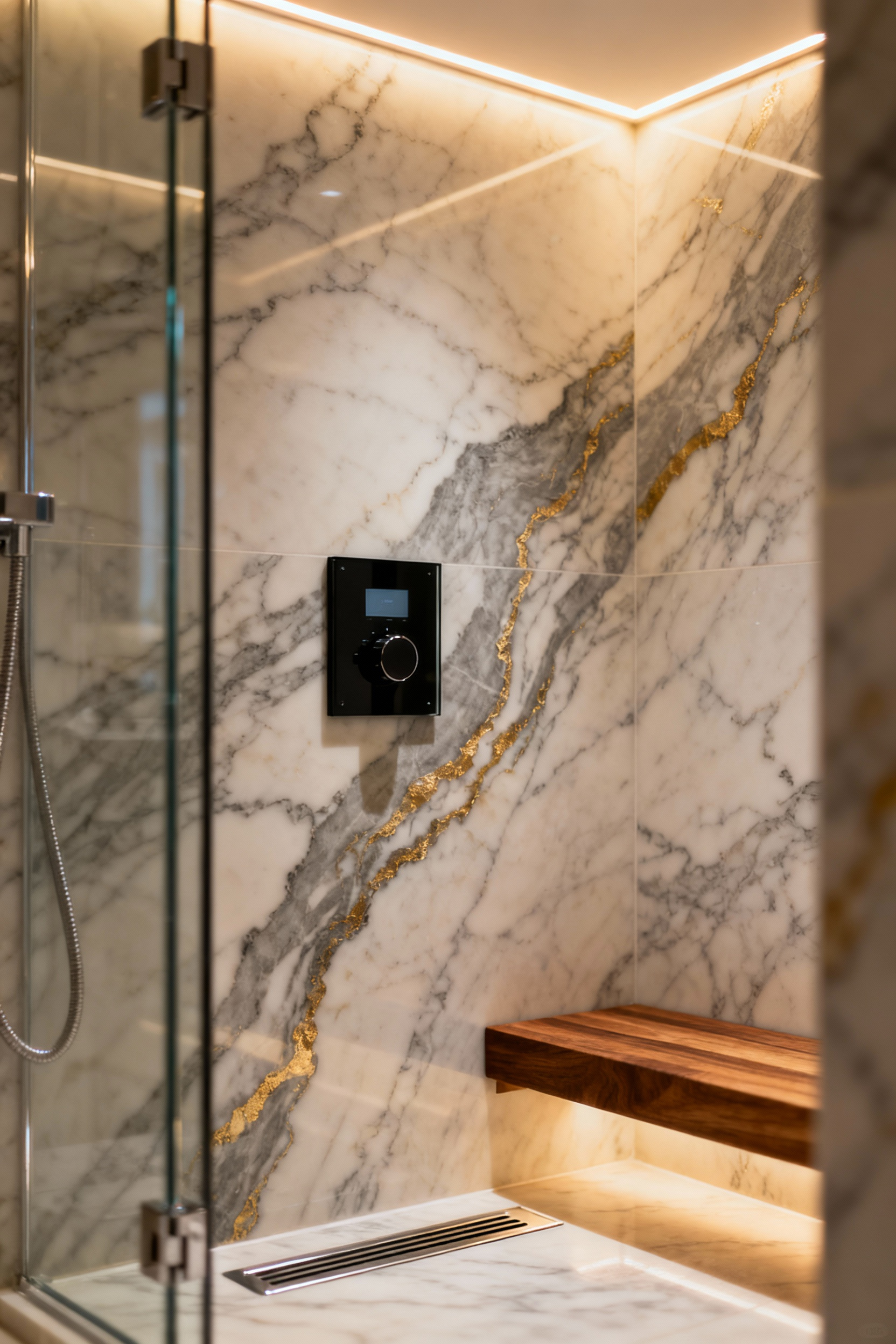 A minimalist luxury walk-in shower with seamless Calacatta marble slab walls, featuring a hidden digital thermostatic shower valve controlled by a sleek, flush-mounted black touchscreen interface.