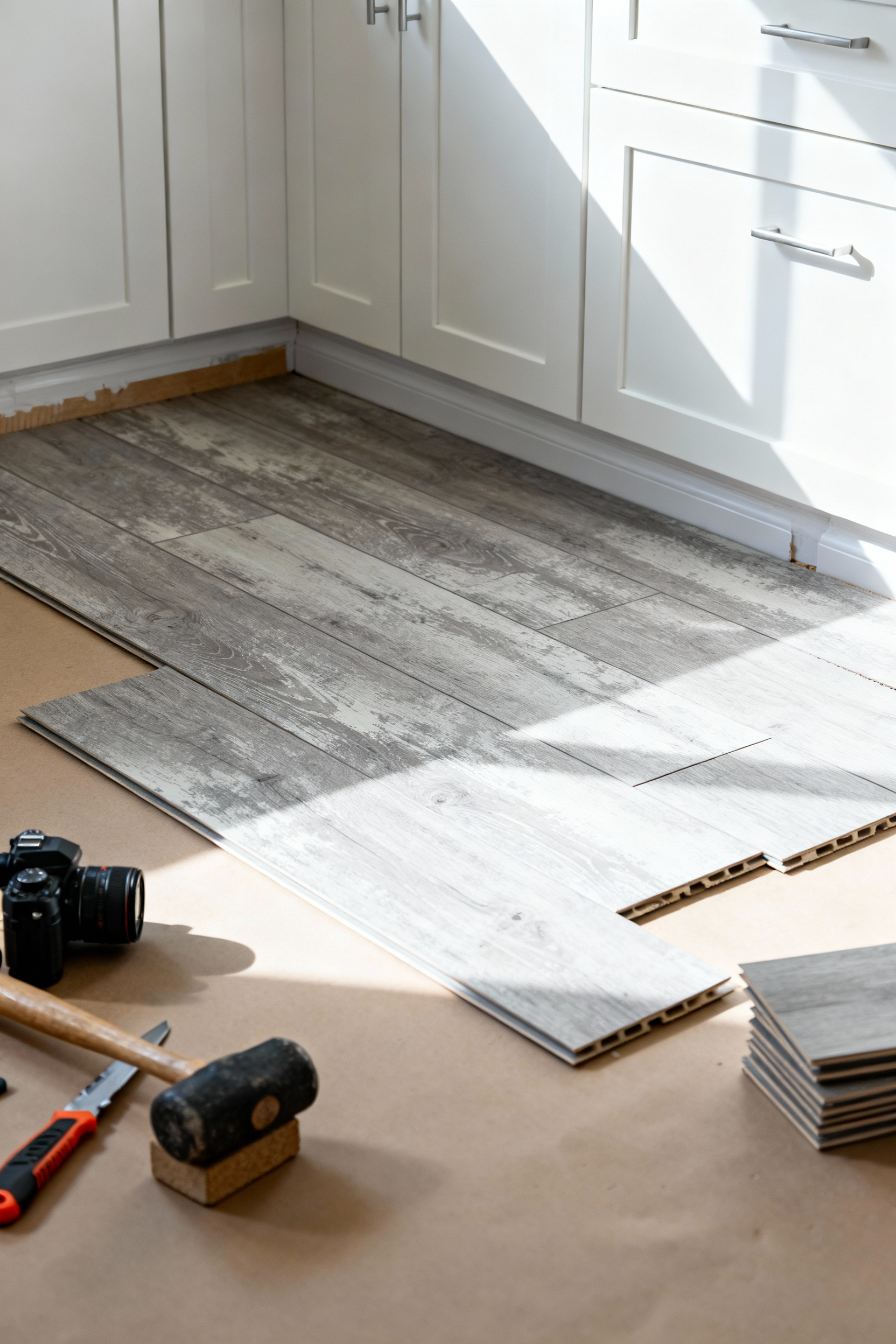 Faux-wood gray Luxury Vinyl Plank (LVP) flooring being installed in a modern kitchen, showing the DIY click-lock mechanism and essential installation tools.