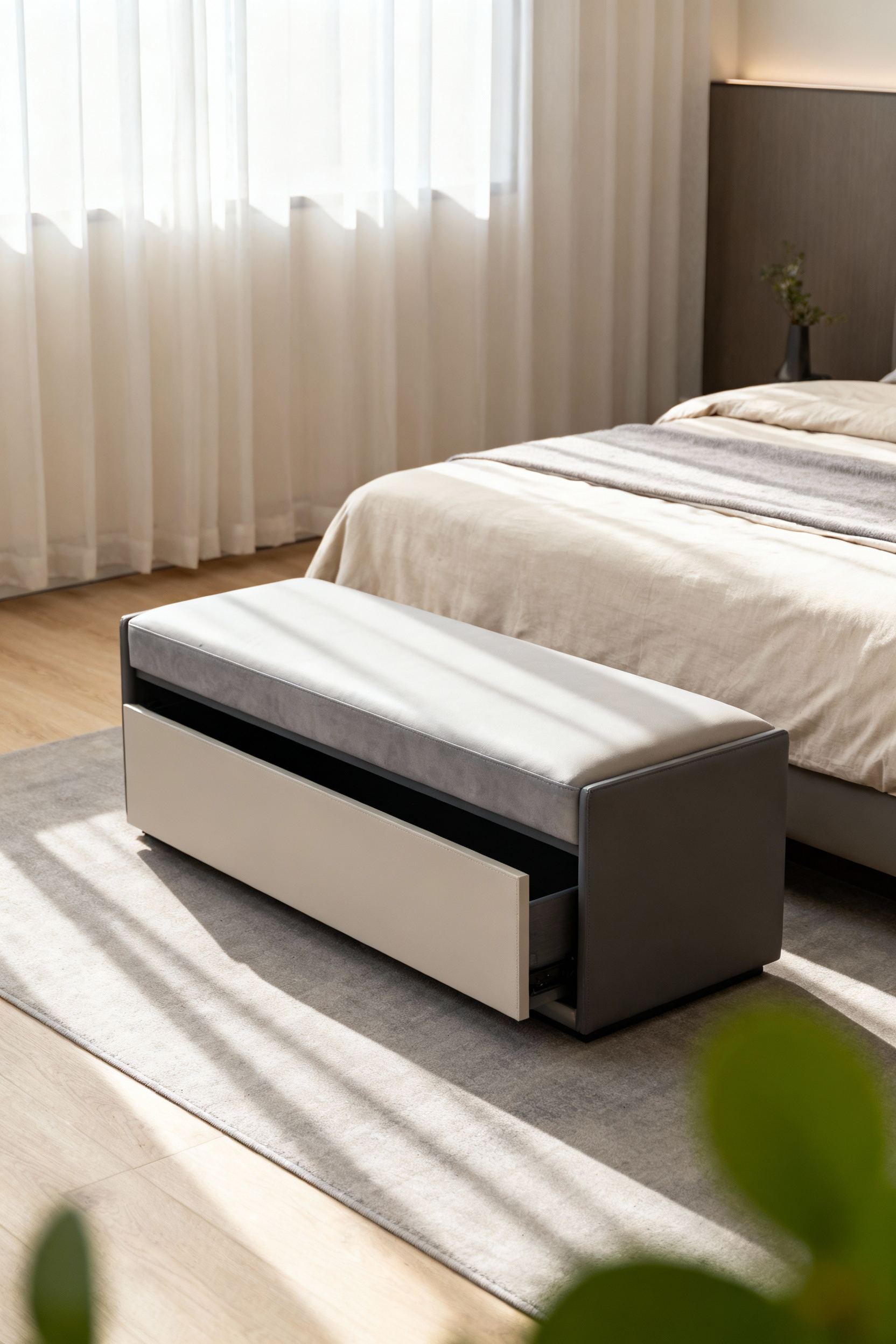 A stylish storage ottoman at the foot of a modern bed in a serene bedroom, showcasing the benefits of dual-purpose furniture for storage and aesthetics.