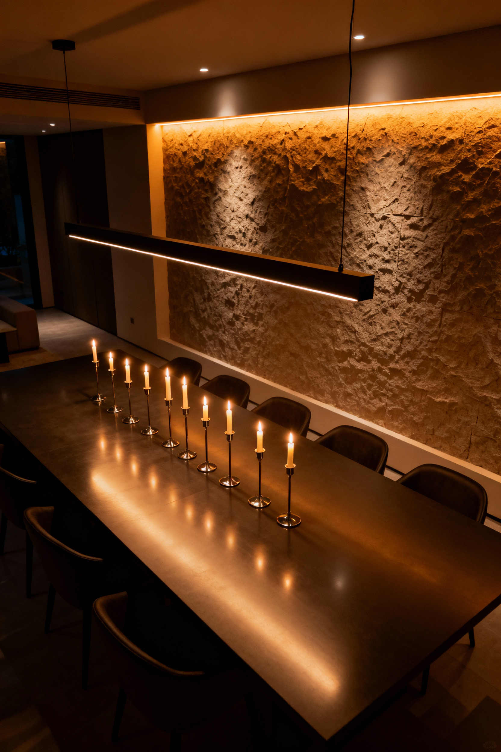 A modern minimalist dining room bathed in warm, soft dynamic lighting, showcasing an intimate and versatile ambiance for evening use.