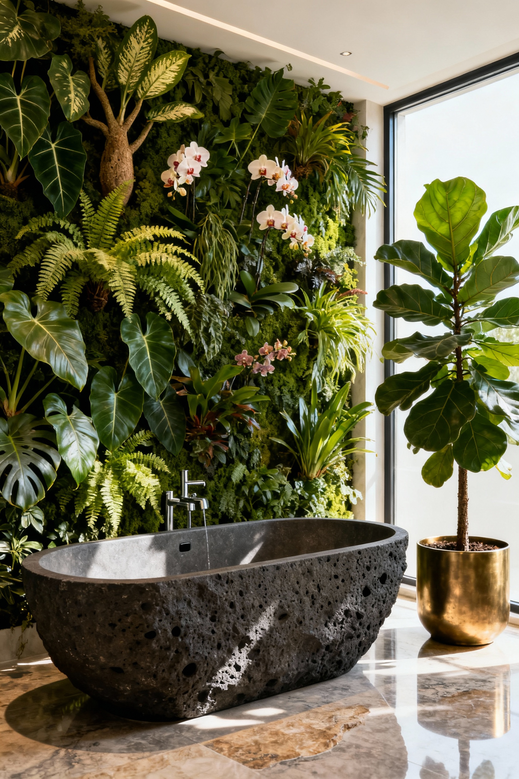 Luxurious bathroom with a living wall of philodendrons and ferns behind a volcanic stone tub, and a Fiddle Leaf Fig in a brass planter, lit by indirect natural light, showcasing exotic botanicals.