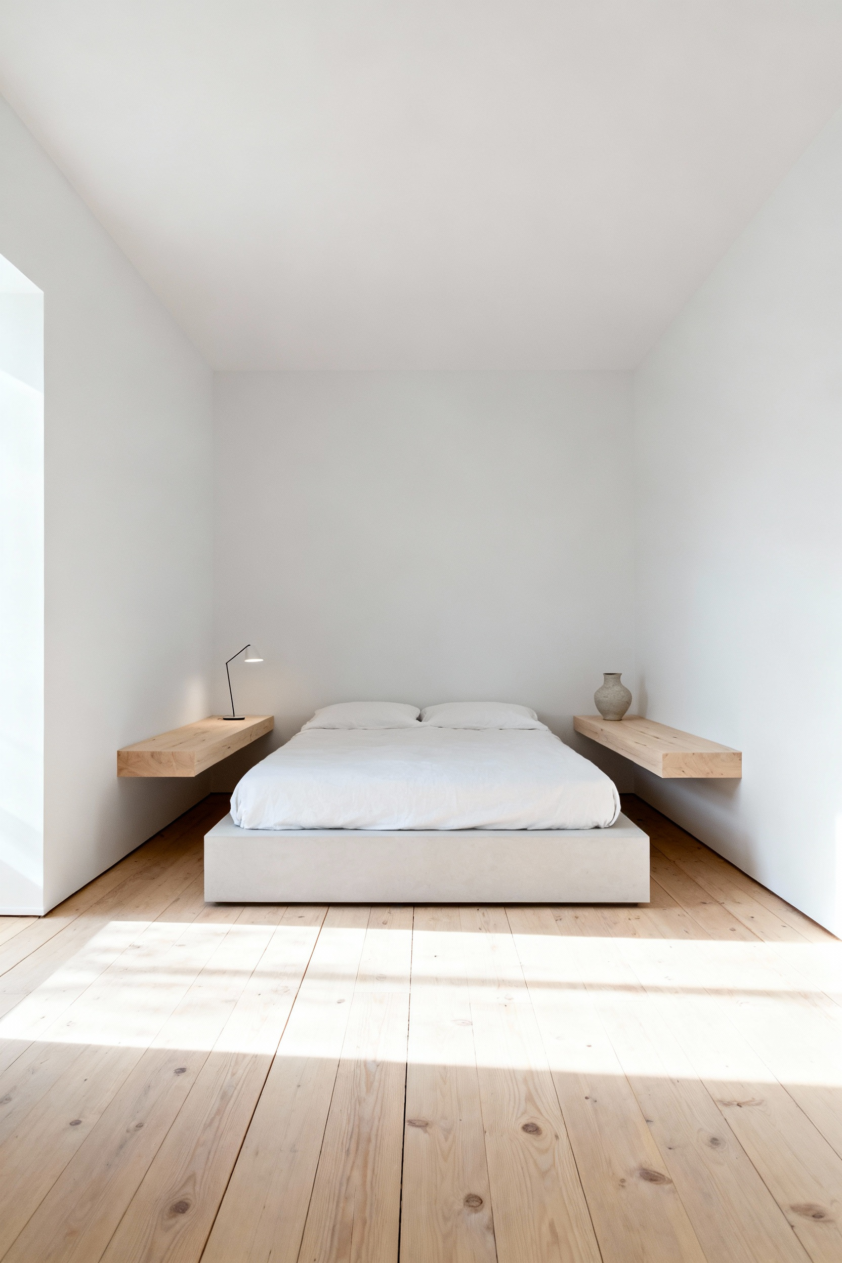 A bright, minimalist small bedroom featuring a bed flanked by two wall-mounted floating nightstands which expose the pale hardwood floor underneath, creating an illusion of spaciousness and maximizing the visible floor plane.