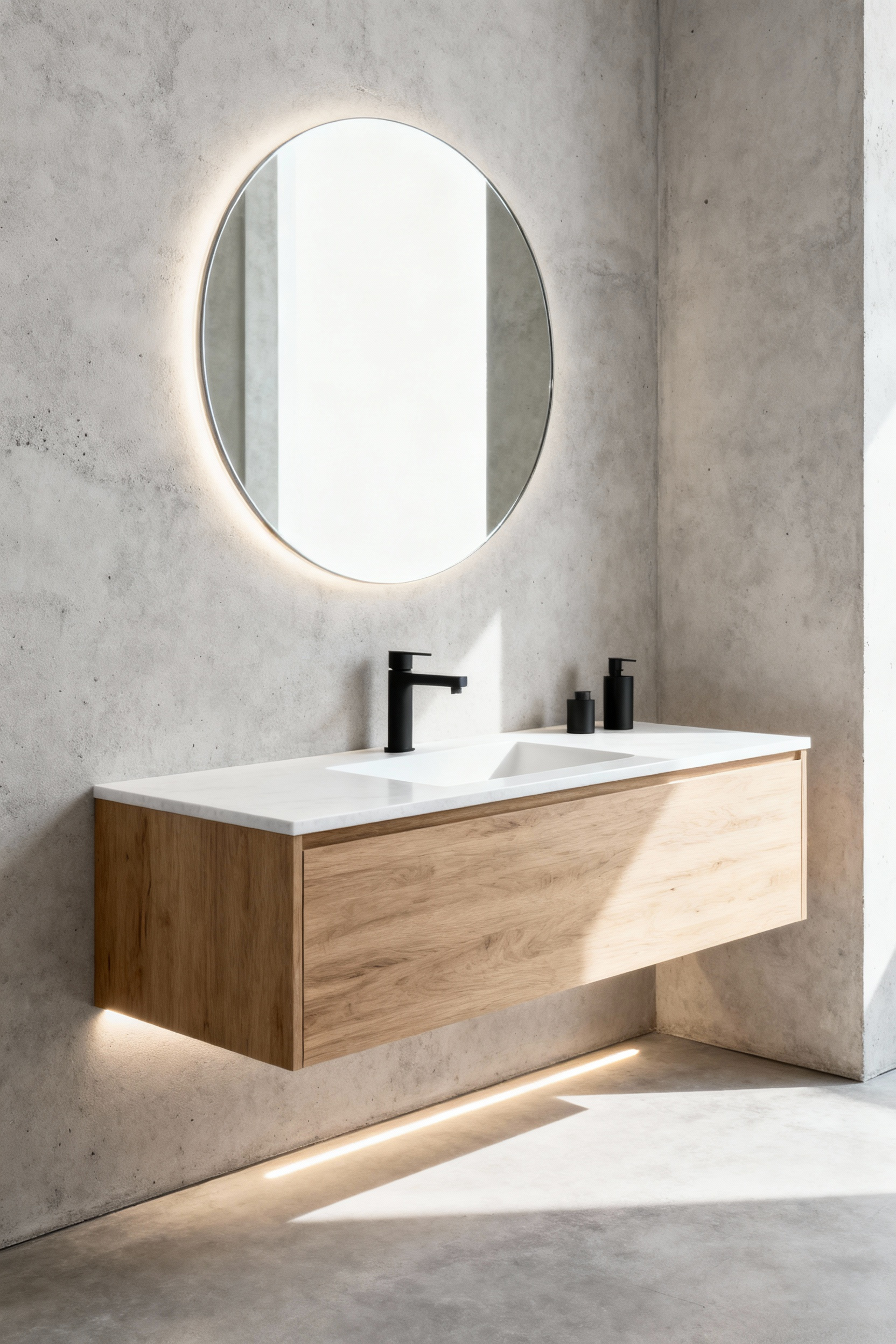 A photograph of a light oak floating vanity installed in a modern bathroom, demonstrating how the open space underneath makes the room appear wider and airier.