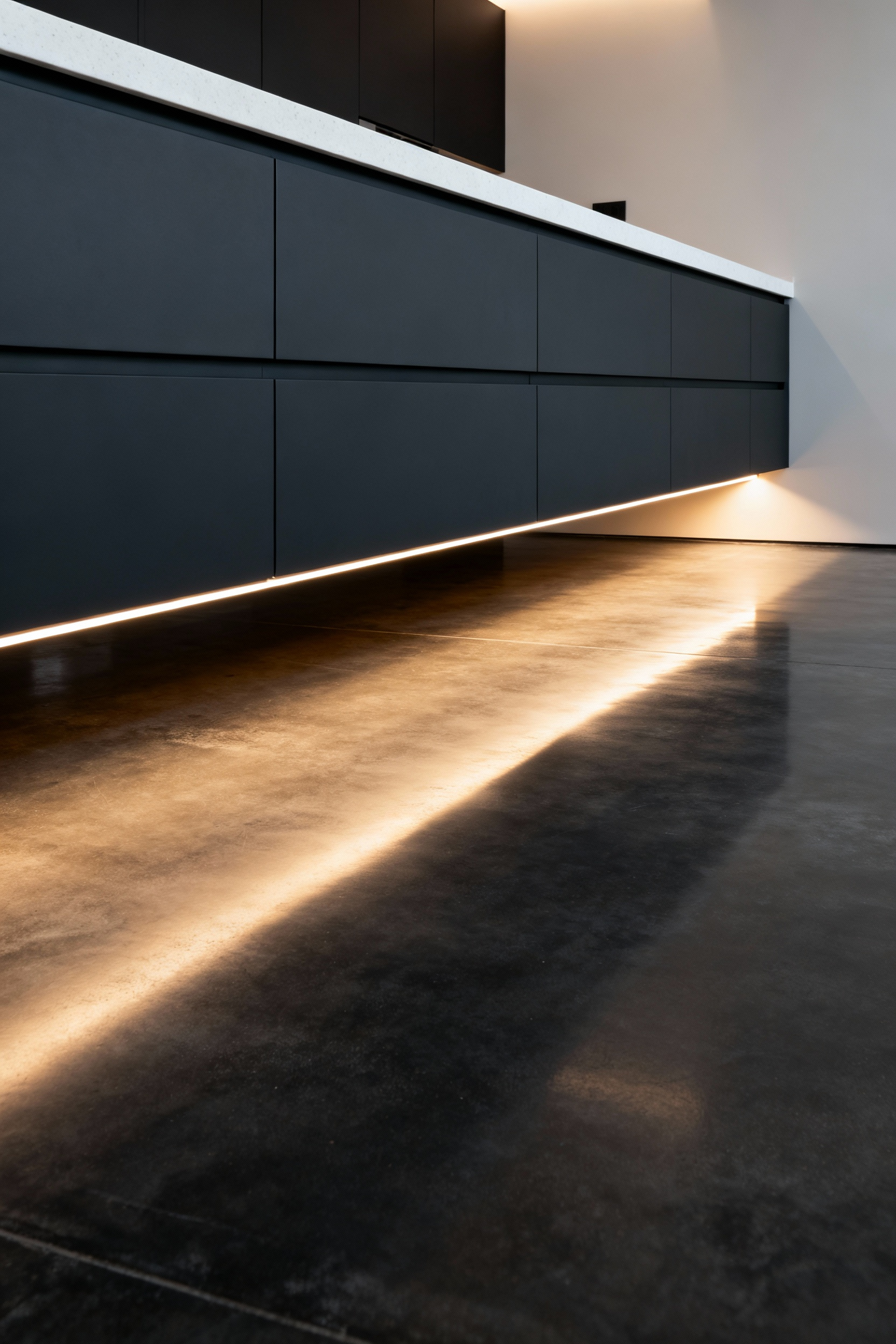 Contemporary matte charcoal kitchen cabinets featuring seamless recessed warm LED lighting in the toe-kick, creating a convincing weightless 'floating' effect against a polished concrete floor.